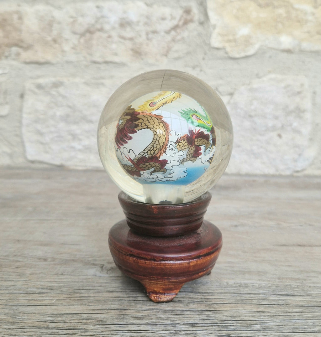 Vintage Chinese Reverse Painted Dragon & Pheonix Crystal Glass Ball Mounted Plinth
