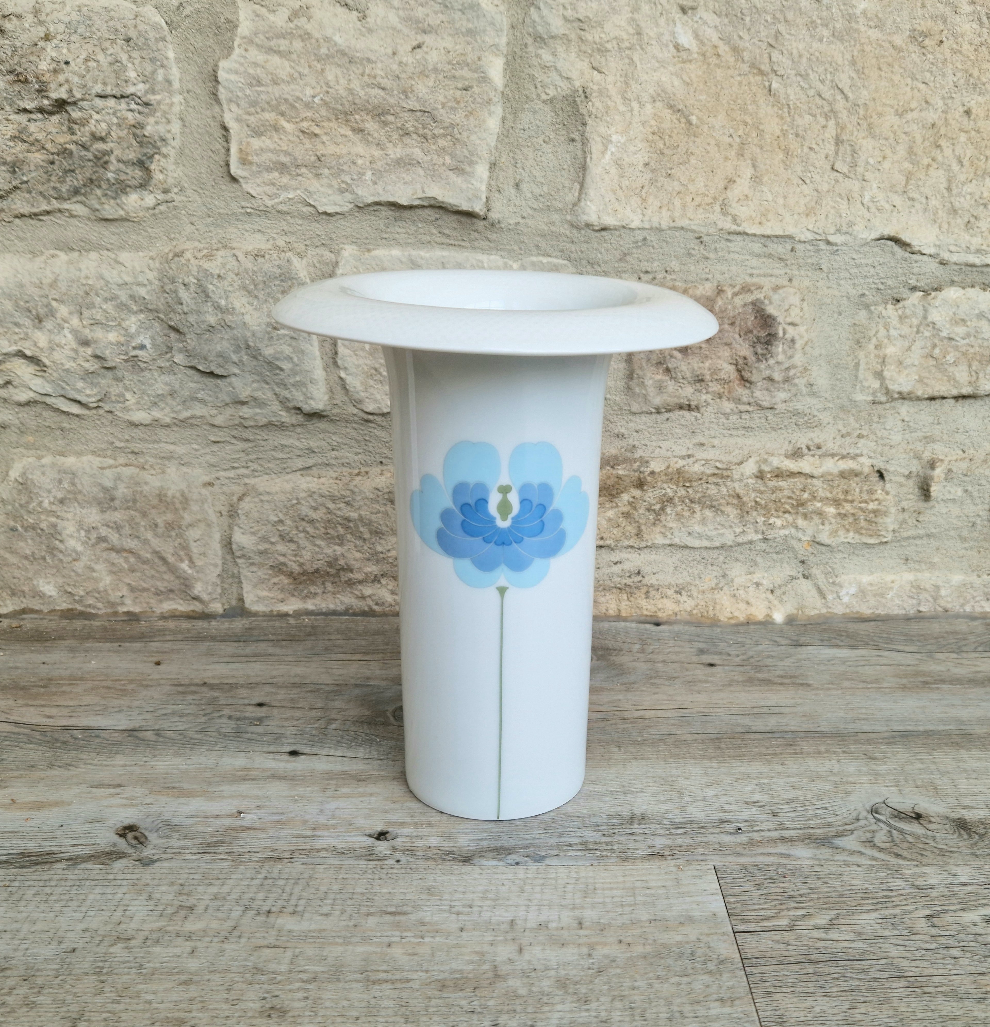 Vintage Rosenthal Studio Line Vase: Tapio Wirkkala White Porcelain with Blue Flower