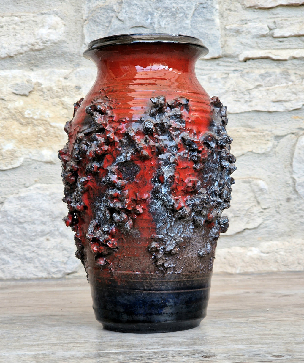 Mid-Century Glit Iceland Lava Pottery Vase Red 23.5cm Volcanic Studio Ceramic
