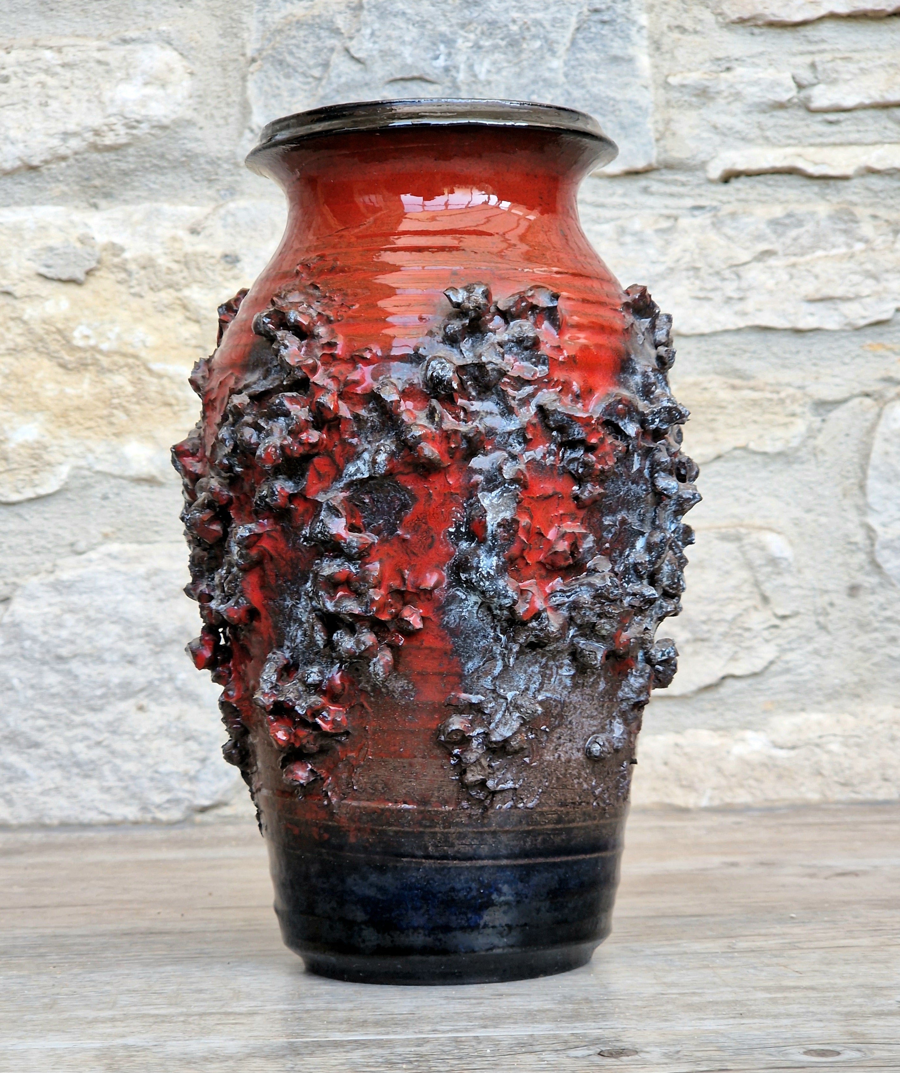 Mid-Century Glit Iceland Lava Pottery Vase Red 23.5cm Volcanic Studio Ceramic