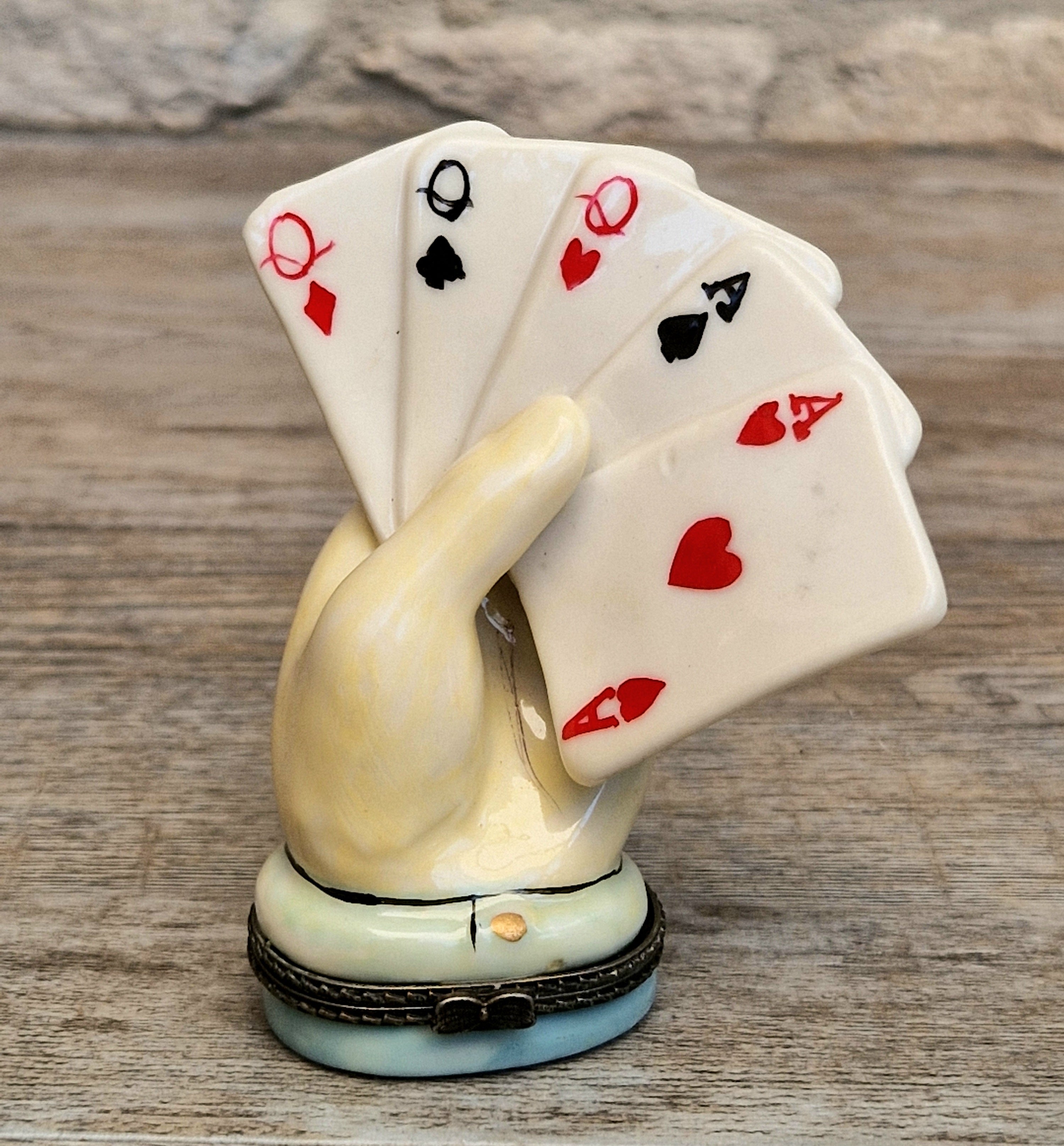 Vintage Rare Limoges Ceramic Poker Hand Full House Card Trinket Pill Box Casino
