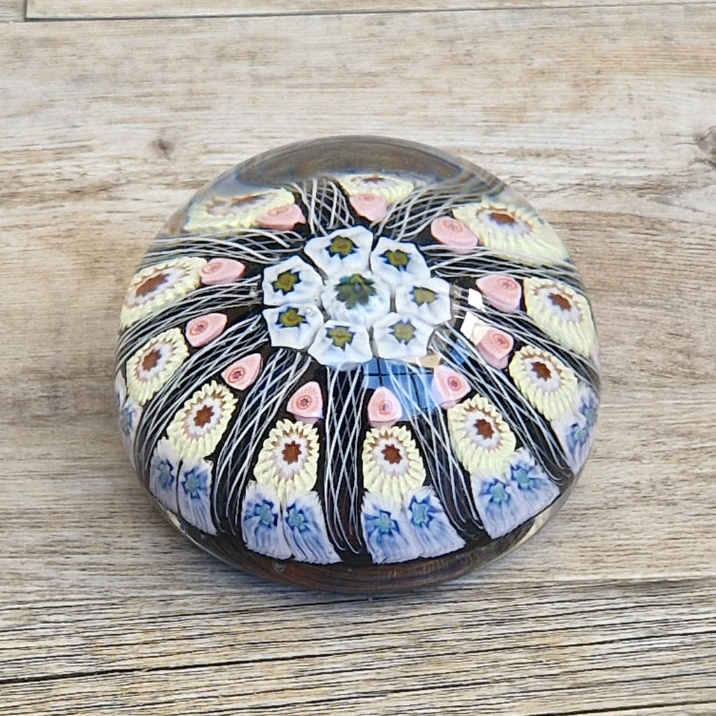 Strathearn Art Glass Paperweight 11 Spoke Millefiori with Filligree on Purple Ground Vintage