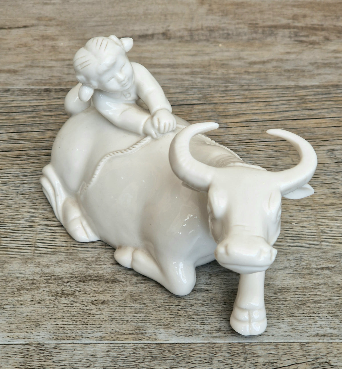 Vintage Chinese Blanc De Chine Porcelain Figurine Girl Riding Water Buffalo Ox Ceramic Home Ornament