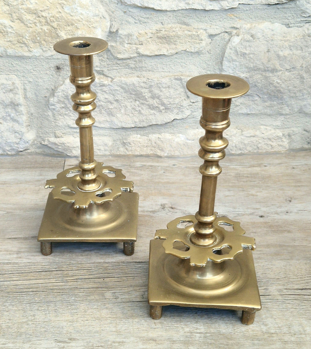 18th Century Solid Turned Brass Russian Sabbat Candle Holder Sticks Very Rare