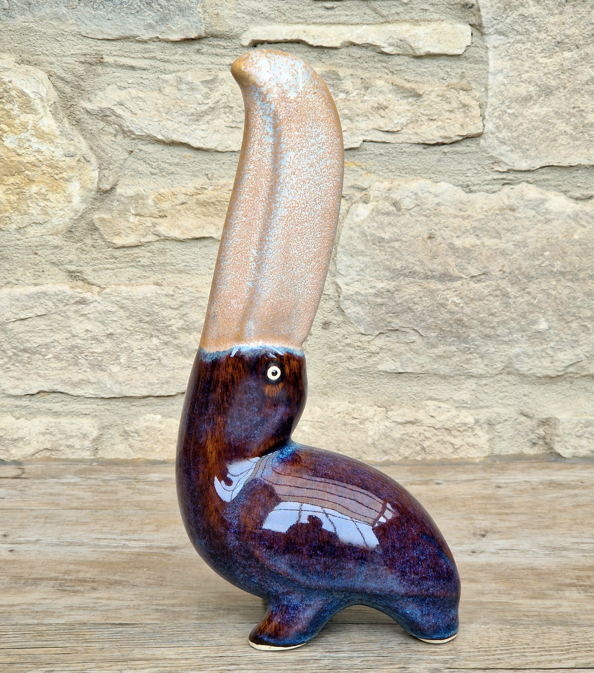 Rare 27cm Vintage Mid Century Ceramic Toucan Sculpture Mottled Treacle Blue Purple Art Pottery Bird