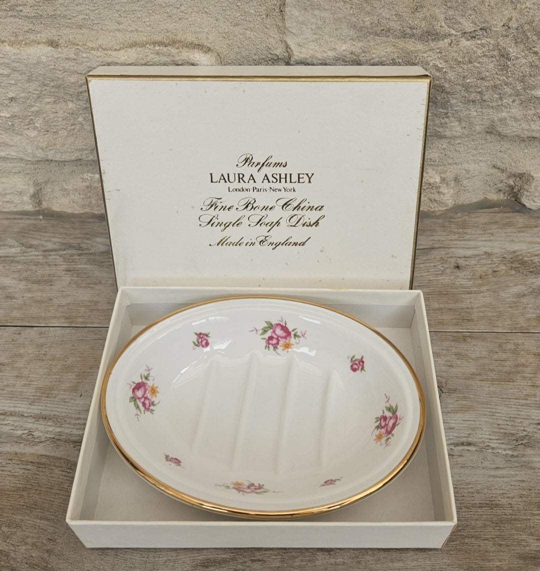 Vintage 1980s Laura Ashley Pretty Oval Floral Soap Dish Unused in Box Made in England