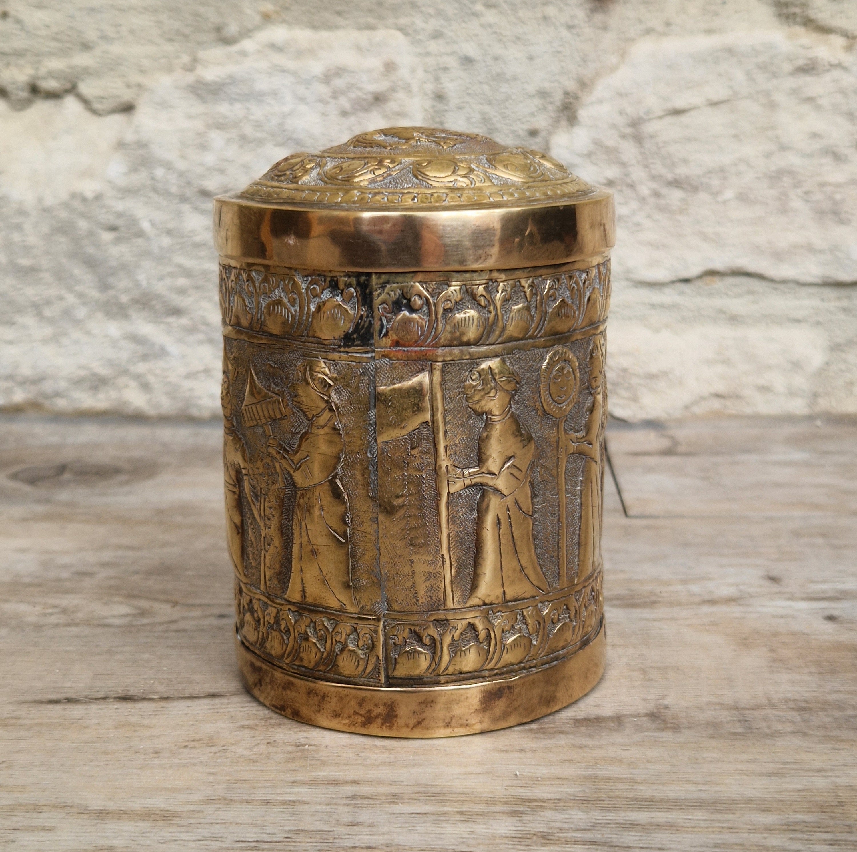 19th Century Brass Rapousse Betel Nut Lidded Decorative Canister