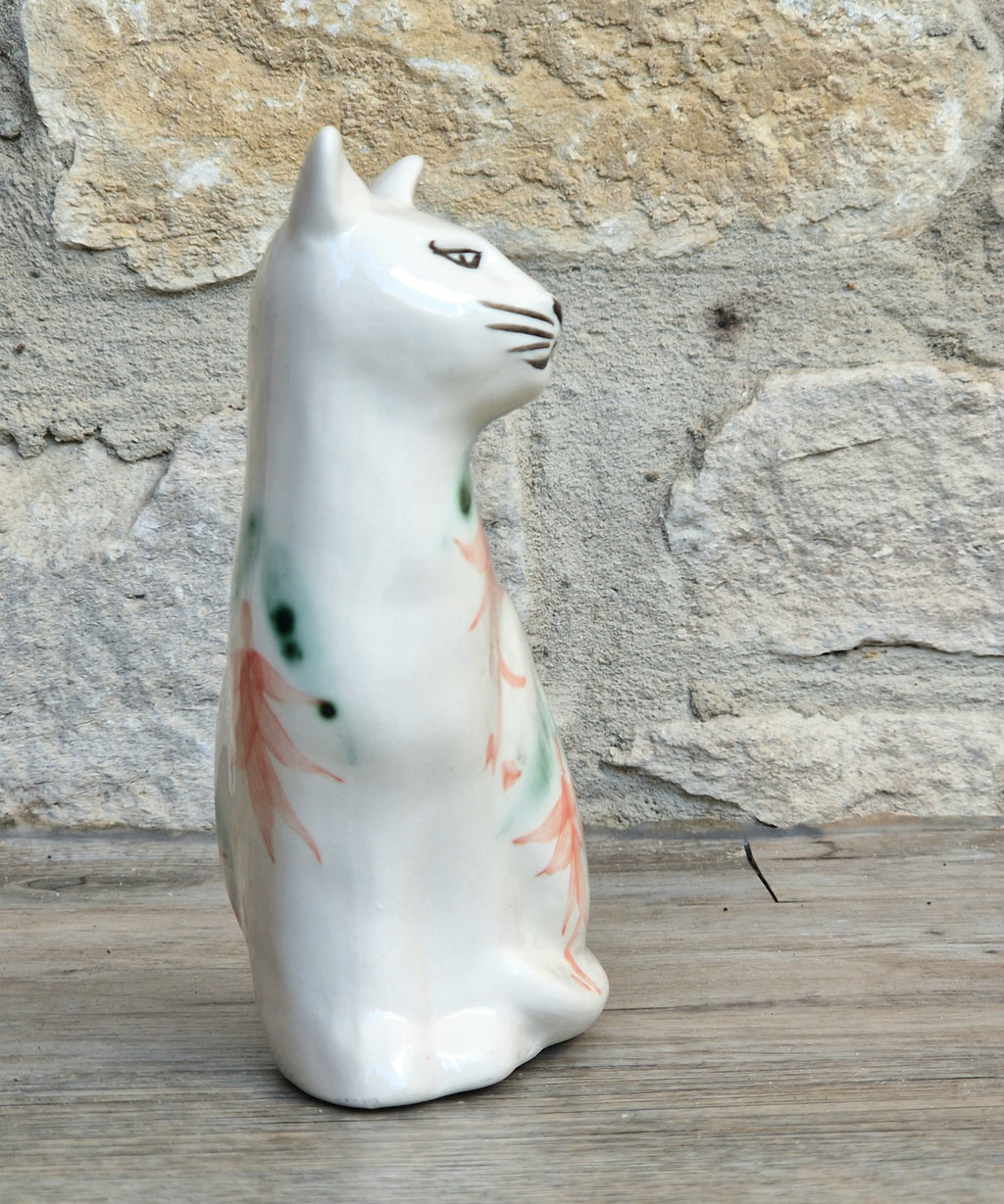 Vintage Moorland Pottery Seated Cat Figurine Hand Painted Fuchsia Floral Staffordshire Art Pottery
