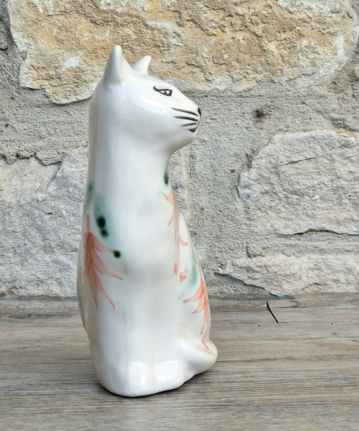 Vintage Moorland Pottery Seated Cat Figurine Hand Painted Fuchsia Floral Staffordshire Art Pottery