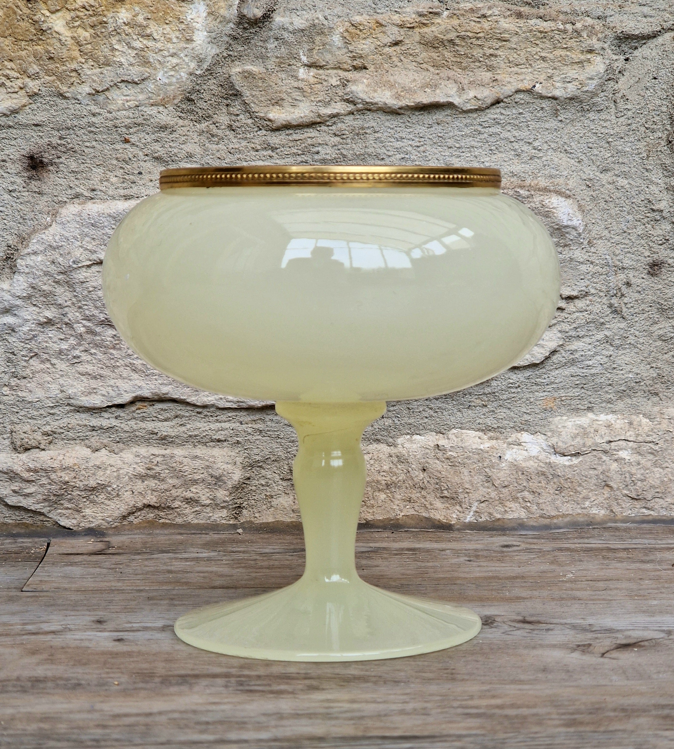 Vintage Italian Opaline Green Glass by Vincenzo Nason 1950s Hand Blown Gilt Rim Pedestal Candy Dish