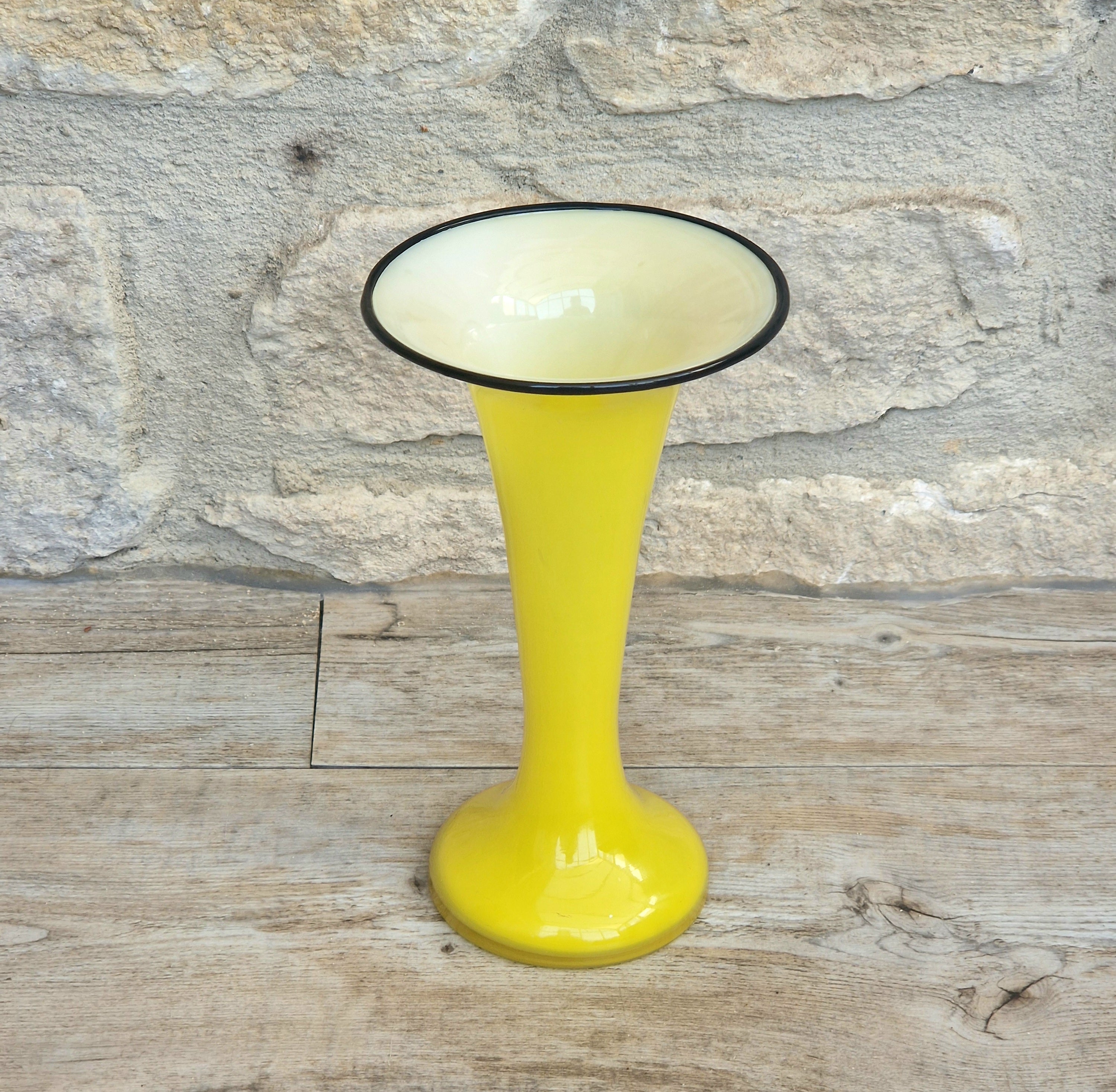 Vintage Bright Yellow Tango Glass Trumpet Vase with Black Rim 16cm