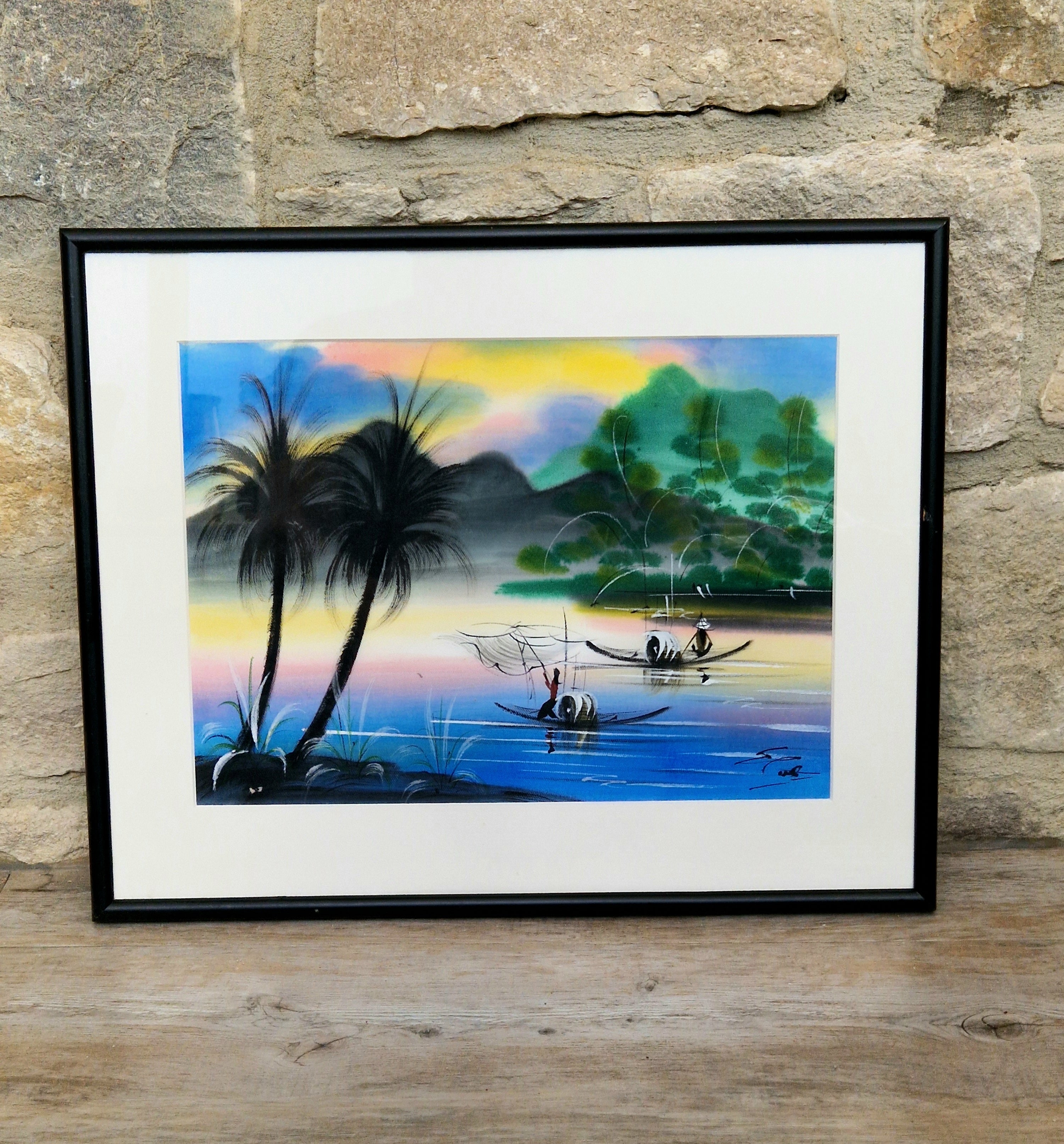 Vintage Silk Painting Framed River Landscape Vietnamese Traditional Asian Framed Wall Decor.