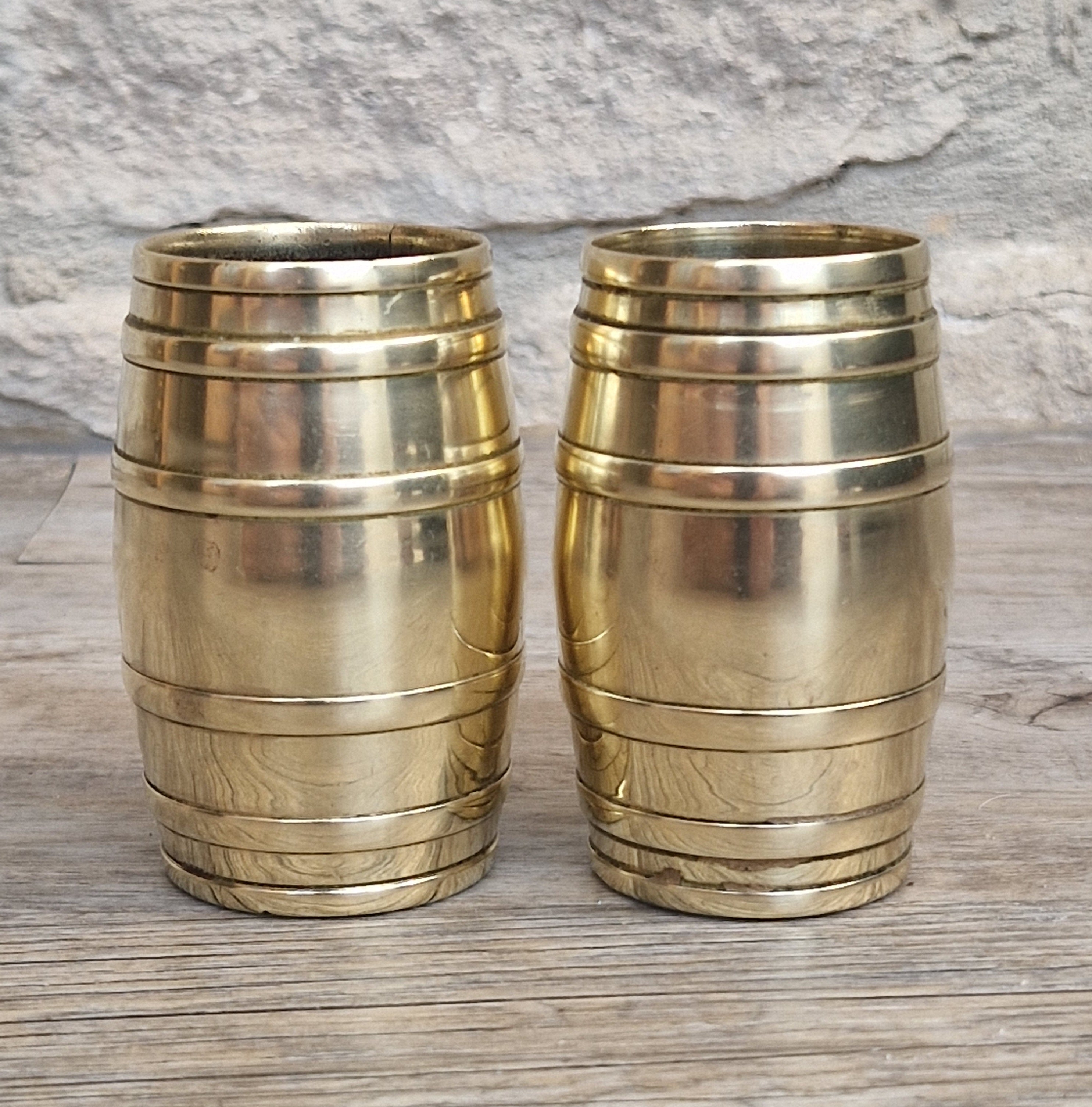 Pair of Vintage Brass Bound Barrel Table Match Holders Desk Pen Holders