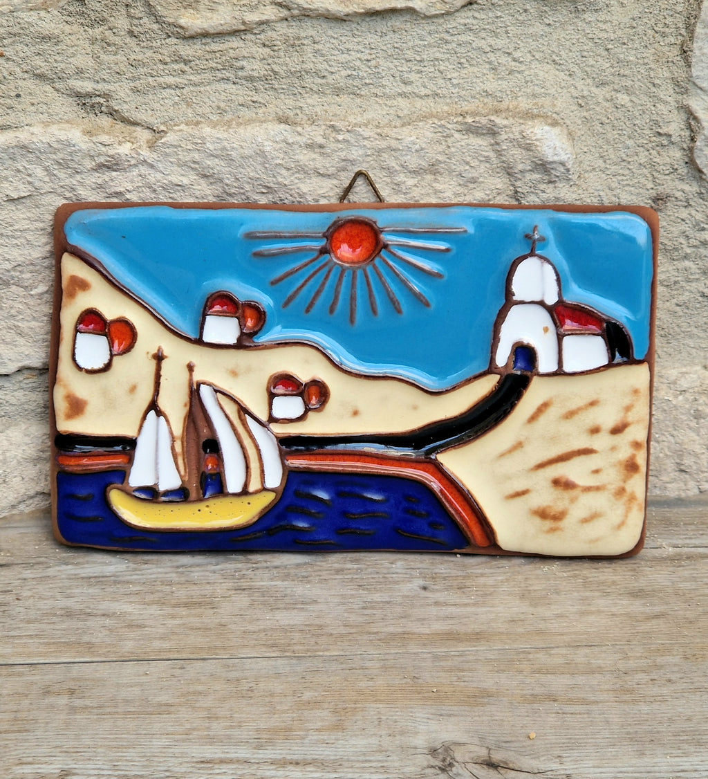 Vintage Dedallos Co Greek Ceramic Wall Plaque Handmade Mediterranean Souvenir Tile