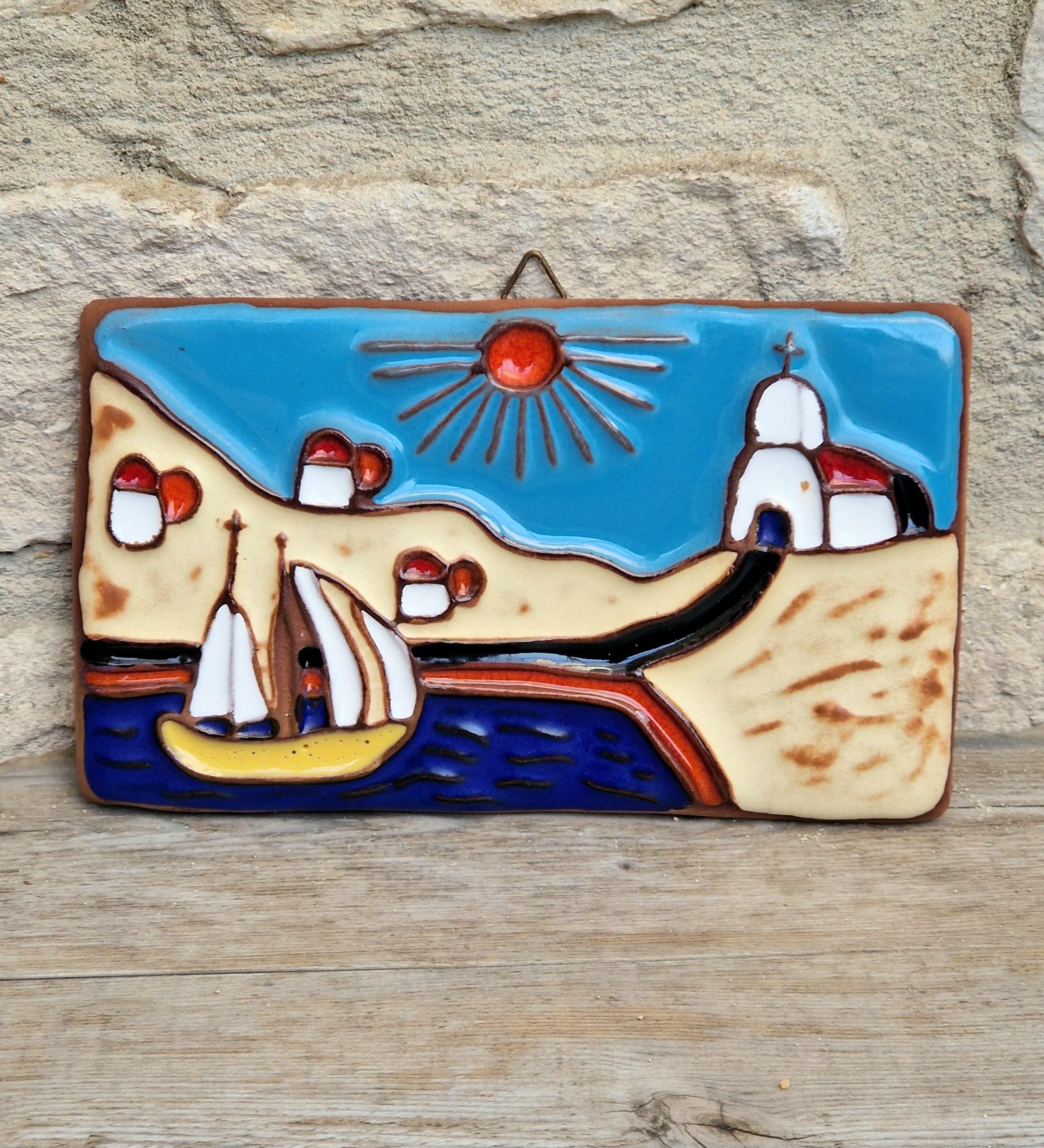 Vintage Dedallos Co Greek Ceramic Wall Plaque Handmade Mediterranean Souvenir Tile