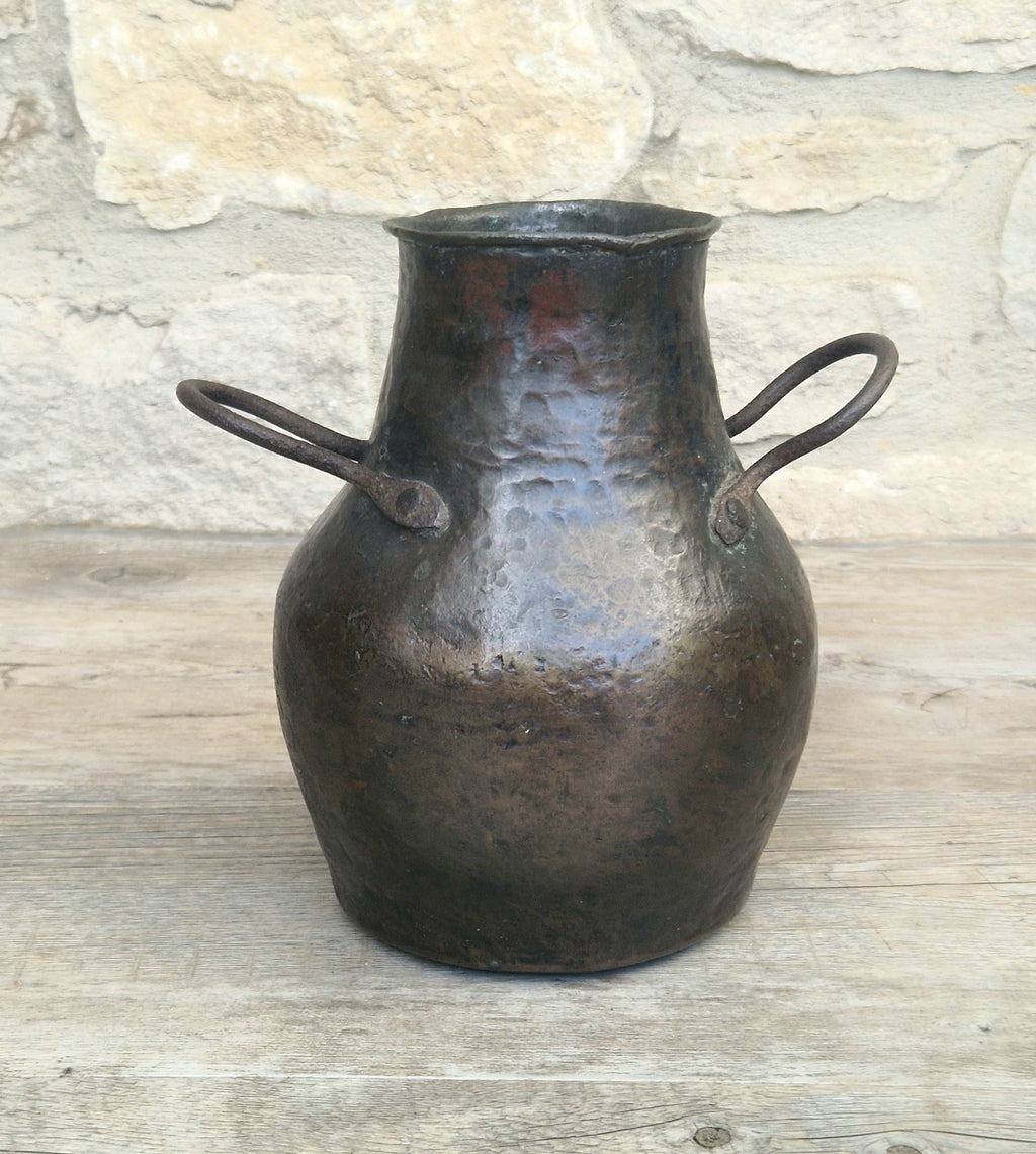 18th Century Hammered Bronze Cauldron Pot Wrought Iron Handles Historic Repair Antique Kitchenalia Vessel