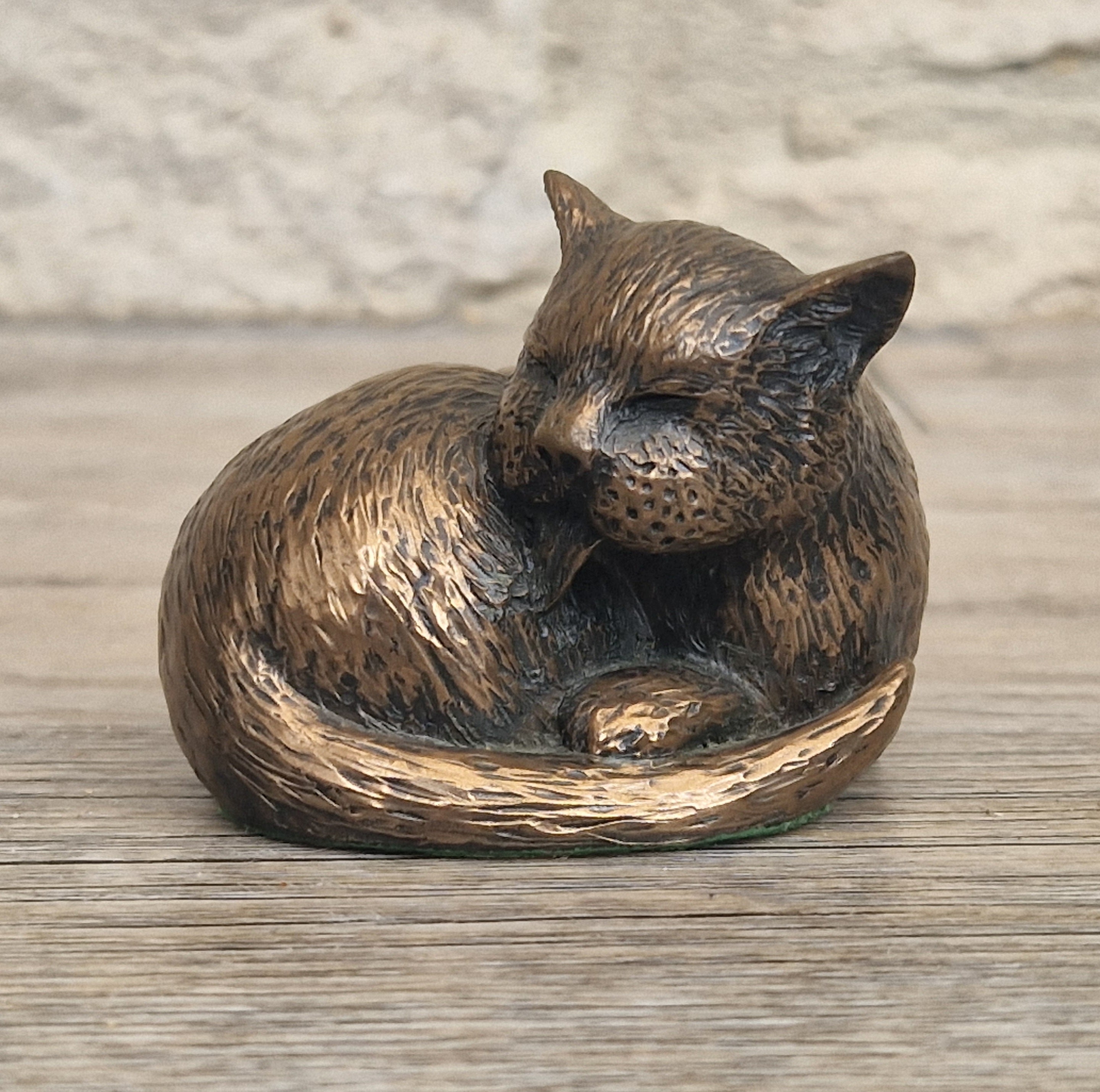 Cat Cold Cast Bronze Resin Curled Licking Figure Vintage Ornament