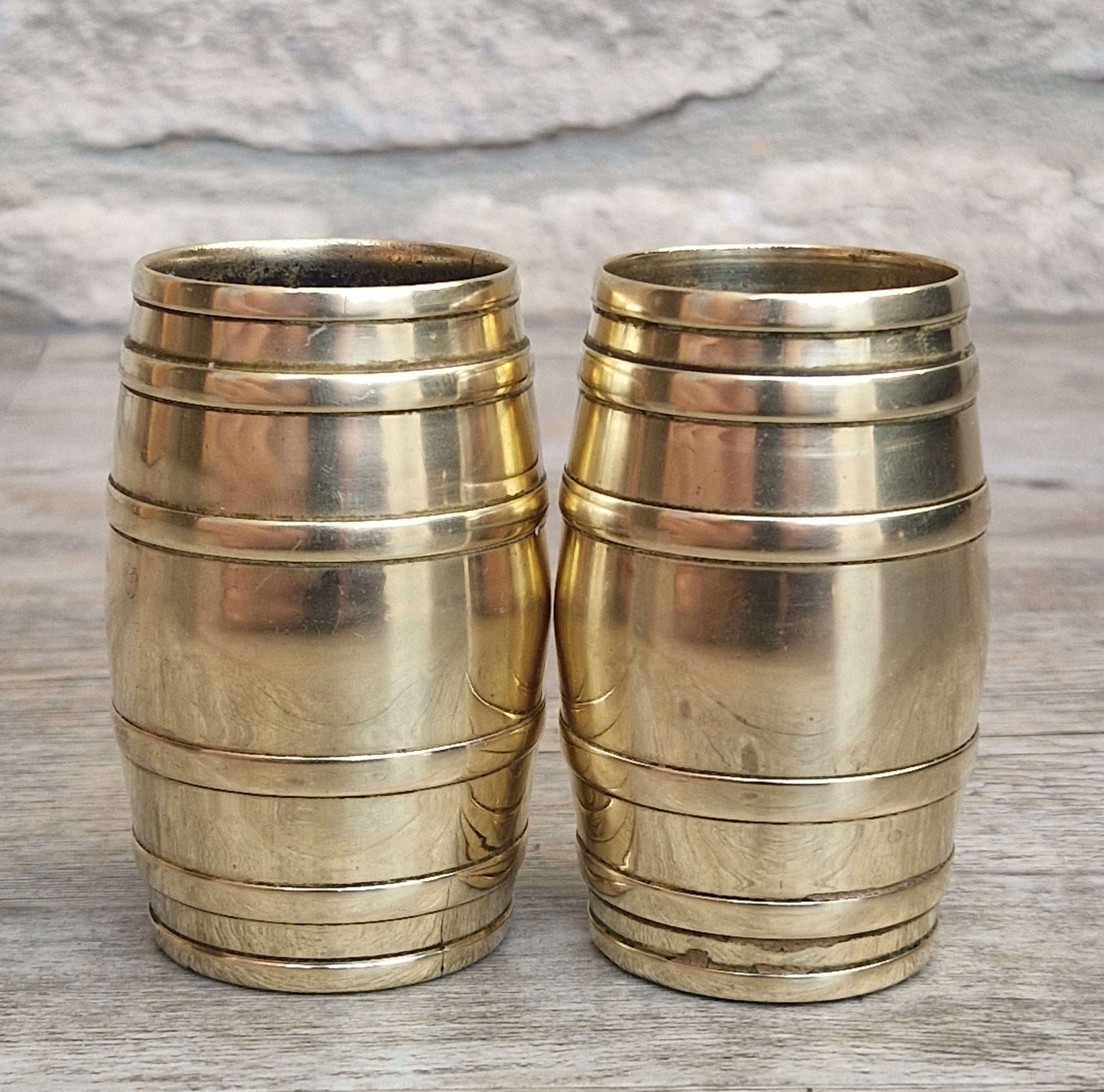 Pair of Vintage Brass Bound Barrel Table Match Holders Desk Pen Holders