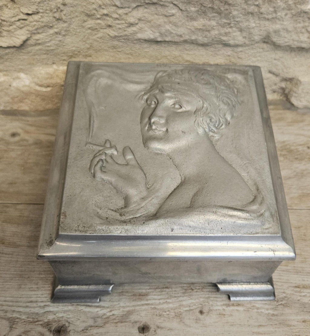 Art Nouveau Lady Aluminium Lidded Box Made in London England Stamped (1905-1924) 13.5cm Square X 6.5cm Tall Arts and Crafts Box
