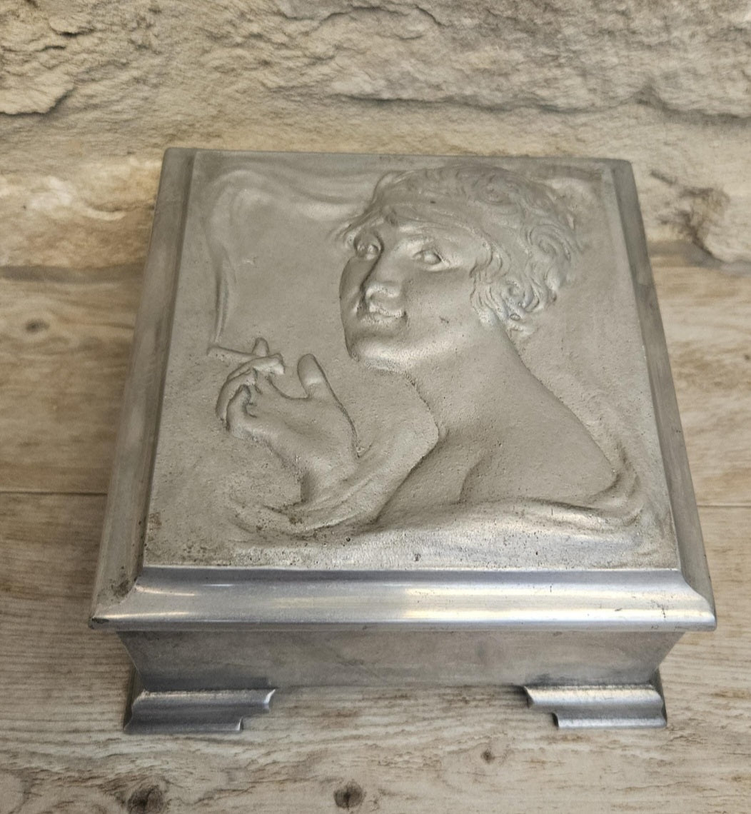 Art Nouveau Lady Aluminium Lidded Box Made in London England Stamped (1905-1924) 13.5cm Square X 6.5cm Tall Arts and Crafts Box
