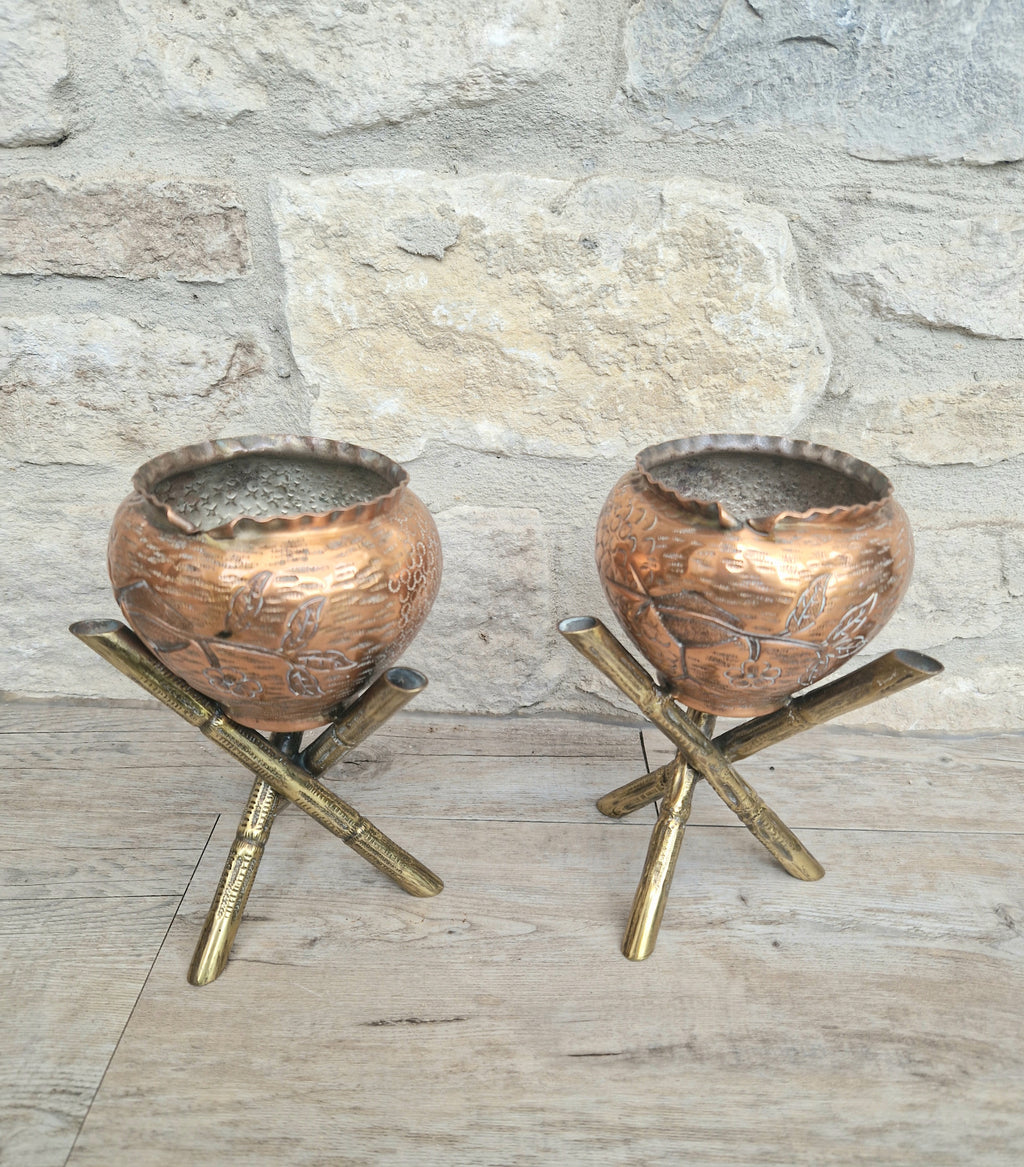 Pair of Antique Japanese Aesthetic Movement Arts & Crafts Copper And Brass Faux Bois Jardinieres