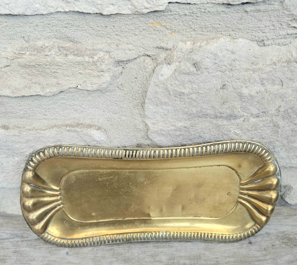 Antique Art Nouveau Brass Trinket Tray Ornate Catchall Dish Vanity Decor with Patina 24cm X 10cm