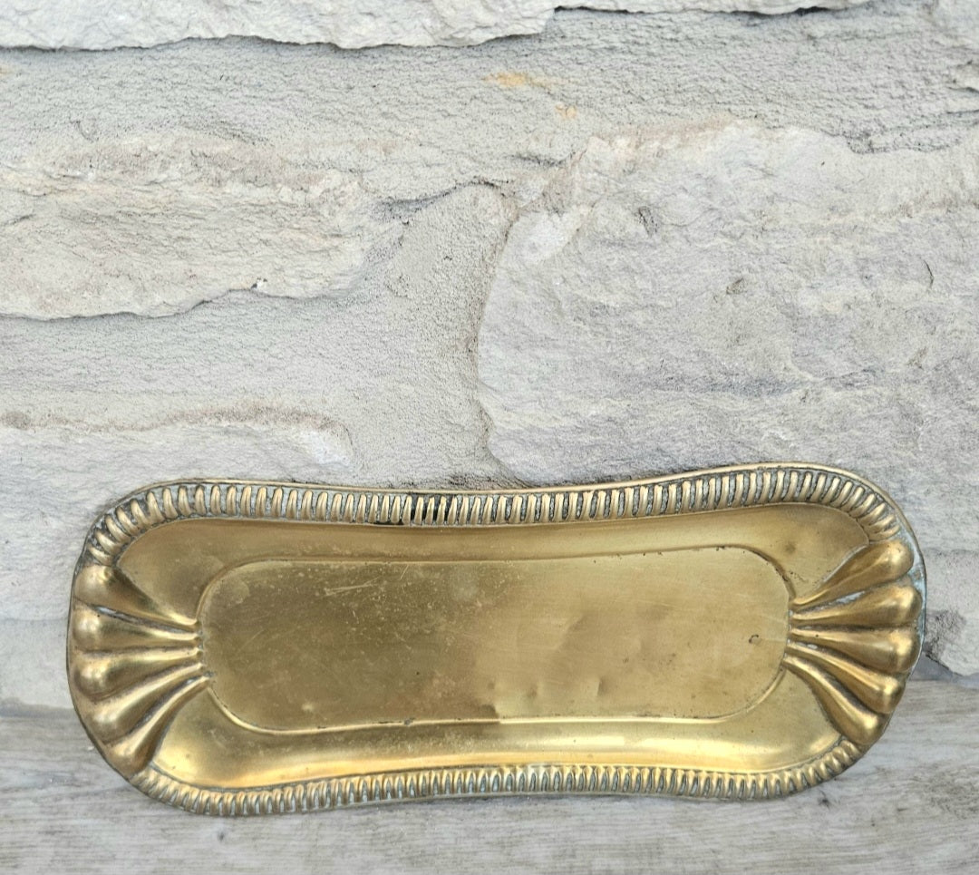 Antique Art Nouveau Brass Trinket Tray Ornate Catchall Dish Vanity Decor with Patina 24cm X 10cm