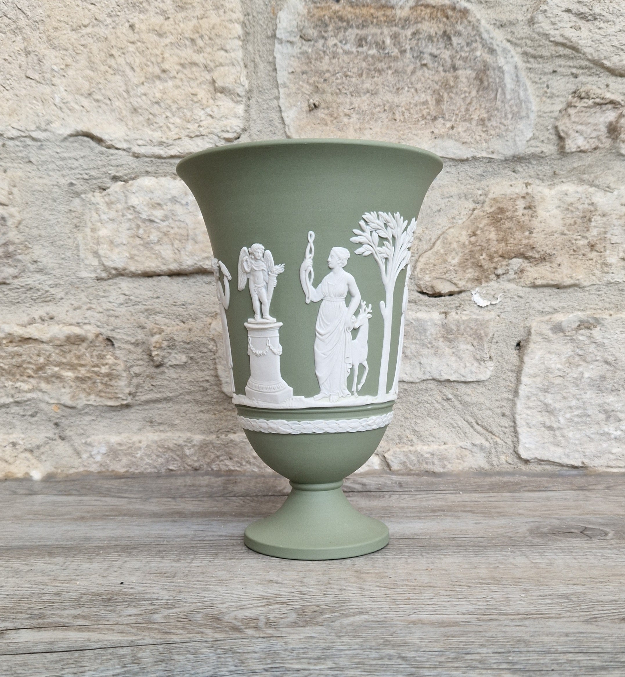 Wedgwood Sage Green Jasperware Arcadian Pedestal Trumpet Mantle Vase - Vintage.Made in England 17cm Tall