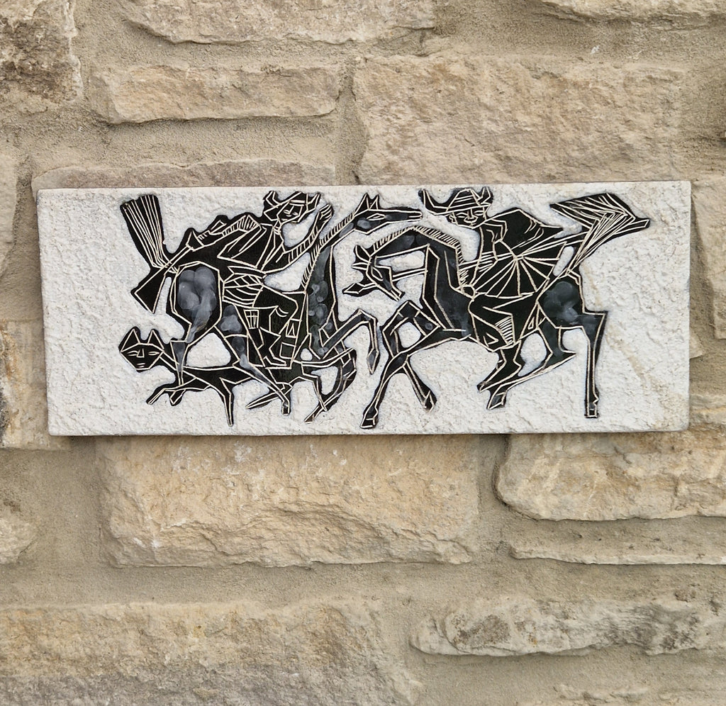 Mid-Century Italian Ceramic Art Plaque Warriors On Horseback Glazed Textured Art