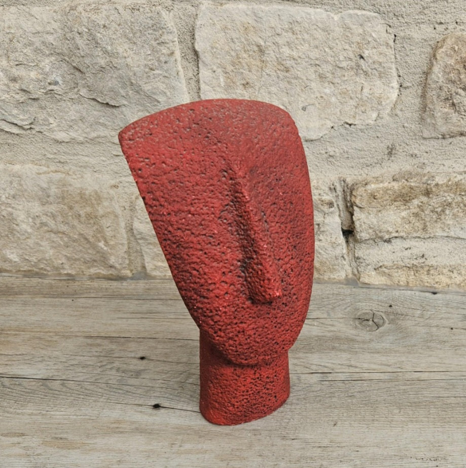 Vintage Red Cycladic Head Sculpture Minimalist Pop Art Textured Resin 18.5cm Tall