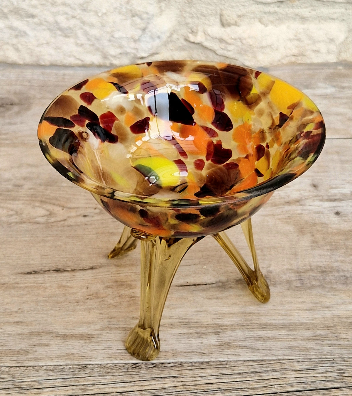 Vintage Italian Style Art Glass Bowl Confetti Glass Three Legged Tripod Bowl