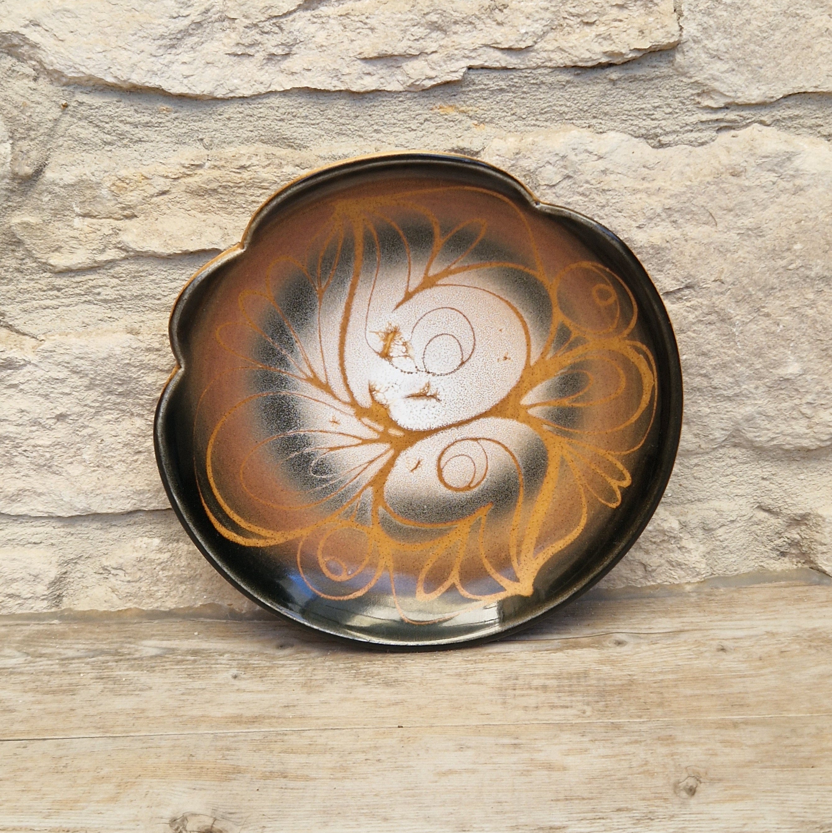 Poole Pottery Aegean "Sweetheart" Fluted Bowl Hand-Painted Stylized Butterfly Motif by Janet Brown Signed 1970s