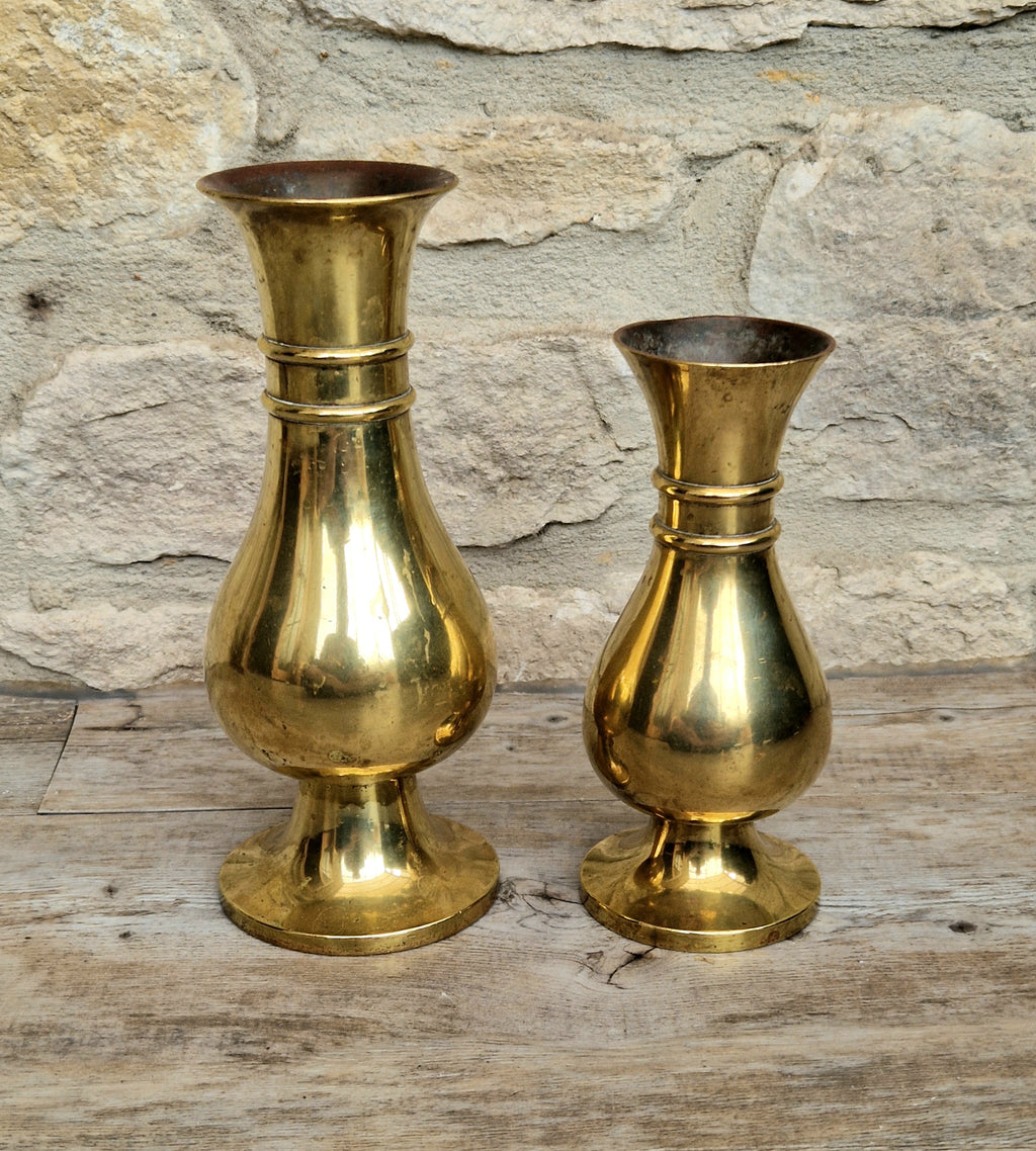 Antique Brass Altar Vases Flared Rim Heavy Pedestal Ecclesiastical Decor Early 20th C.