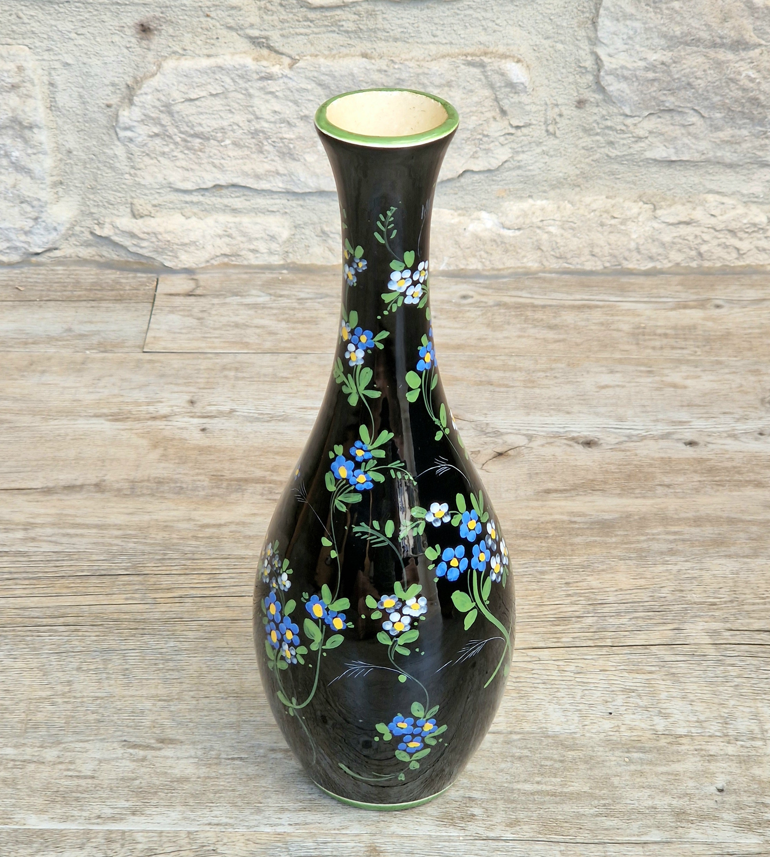 Marmaca San Marino Vase Art Ceramic Black Floral Amphora Tall Bottle Vase 1950's