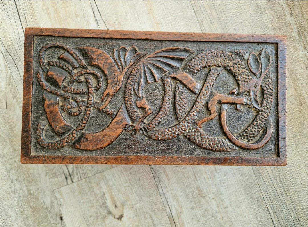 Antique Oak Dragon Foot Stool Carved Celtic Design, Rustic Foldable Furniture