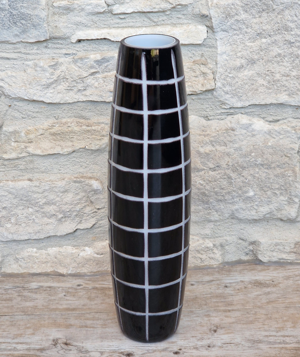 Mid-Century Modern Black & White Cased Cameo Art Glass Tall Geometric Grid Vase