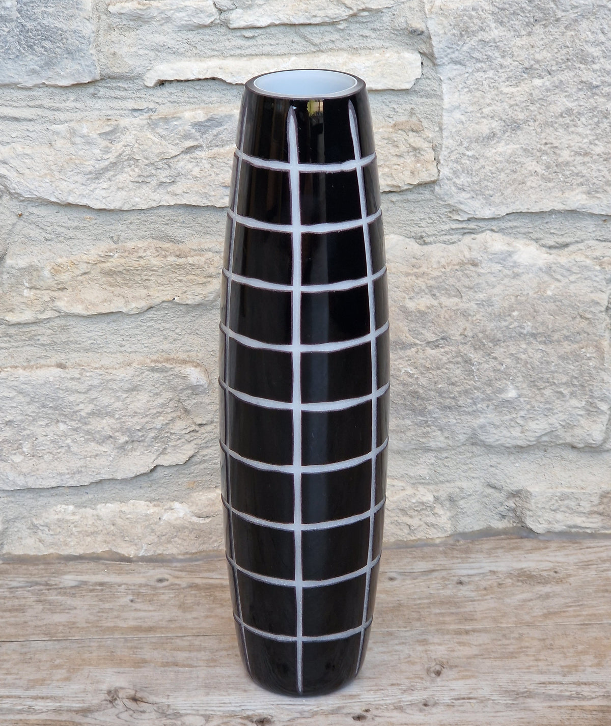 Mid-Century Modern Black & White Cased Cameo Art Glass Tall Geometric Grid Vase