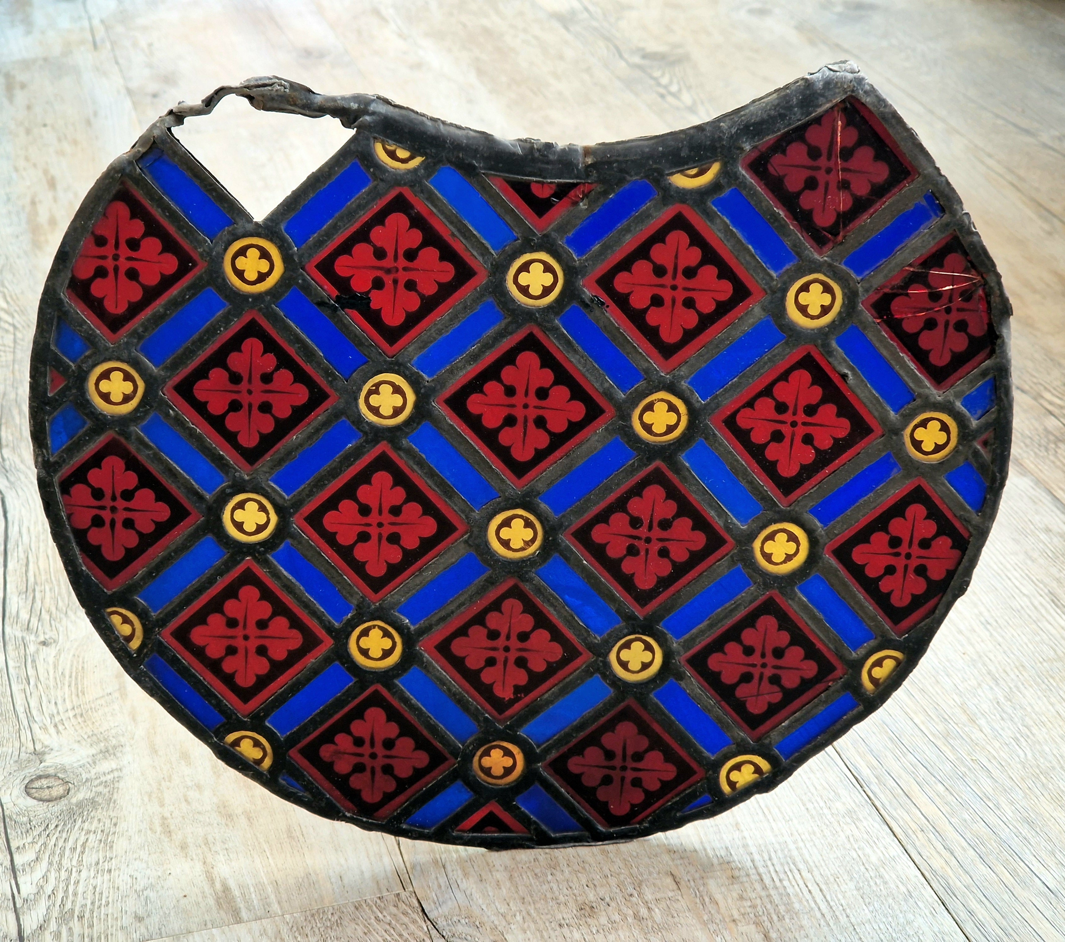Rare Antique Early 19th Century French Gothic Revival Stained Glass Roundel Panel - Medieval Style Diaper Pattern