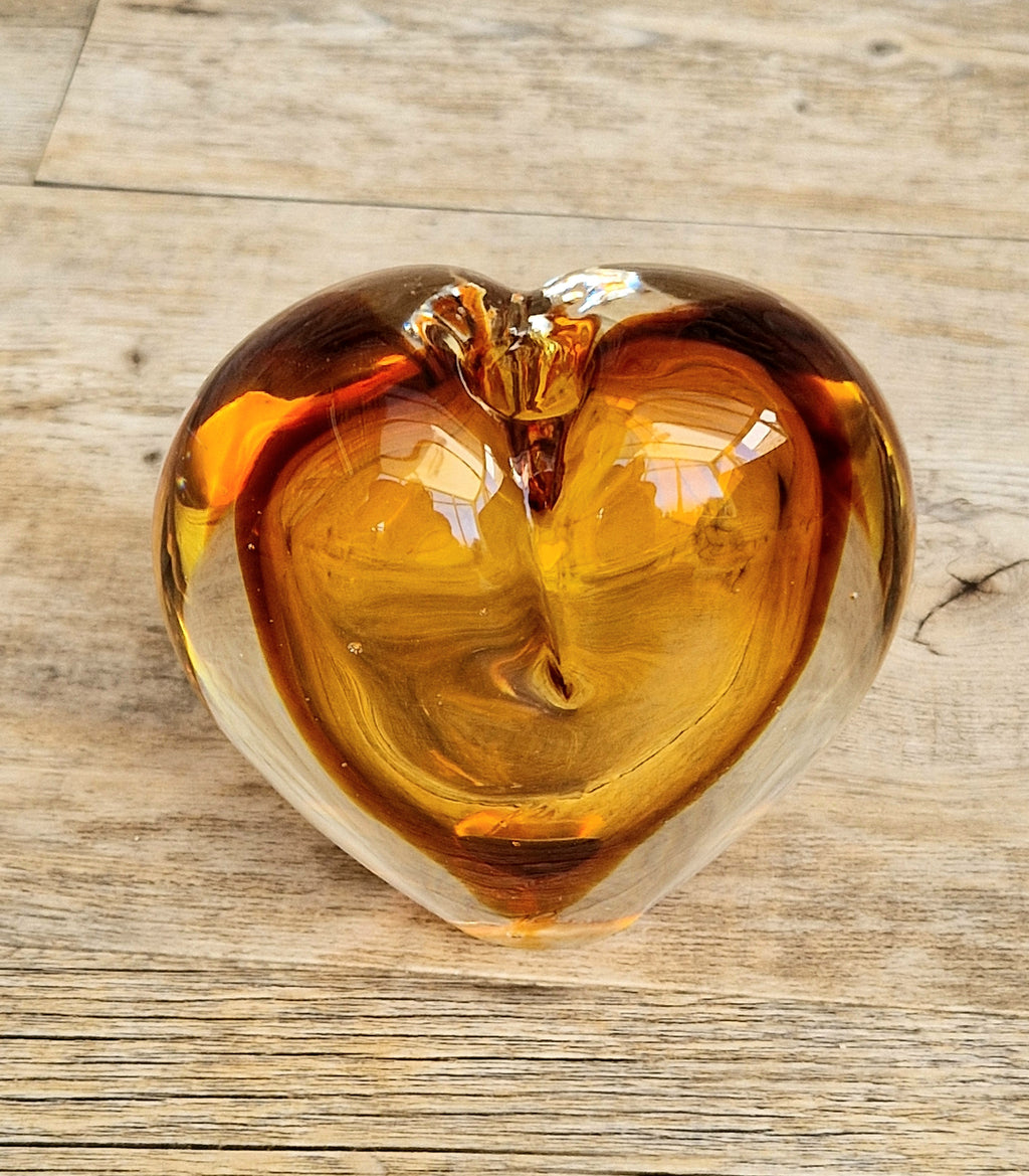 Vintage Mid Century Murano Sommerso Amber Art Glass Heart Vase Paperweight Seguso Sculptural Decor