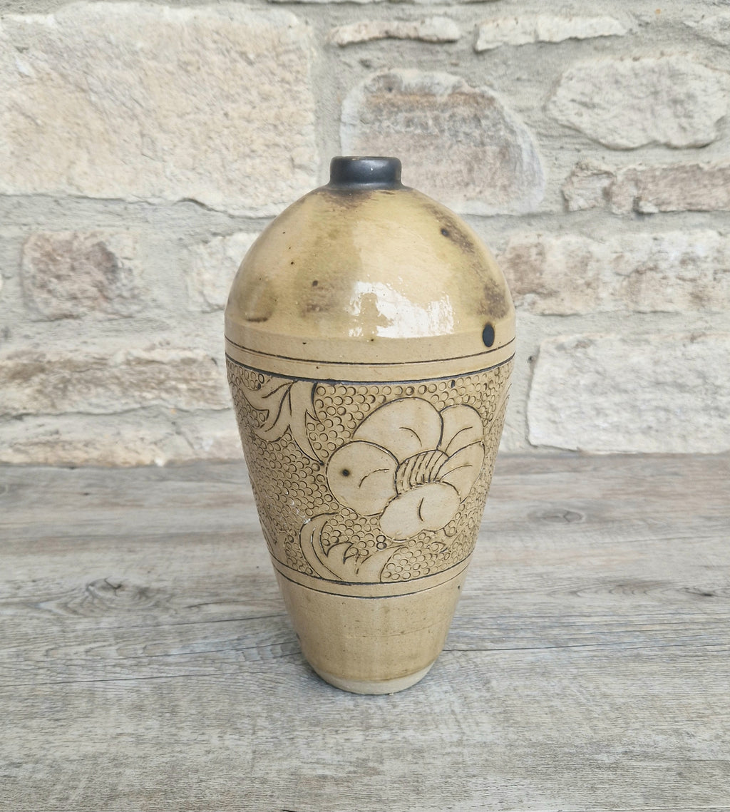 Large Chinese Cizhou Ware Meiping Style Stoneware Vase With Incised Floral Motif Design