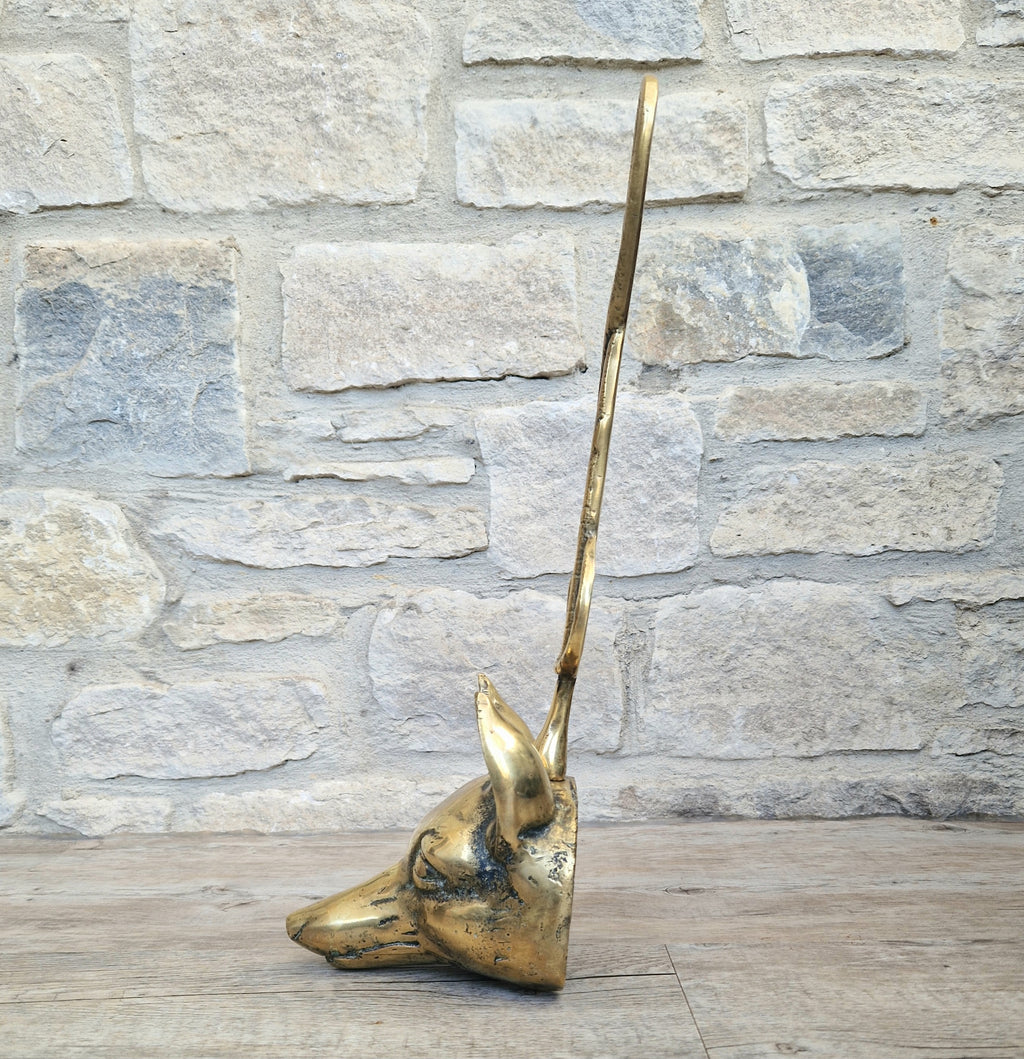 Antique Cast Brass Fox Head Door Porter Door Stop 19th C.