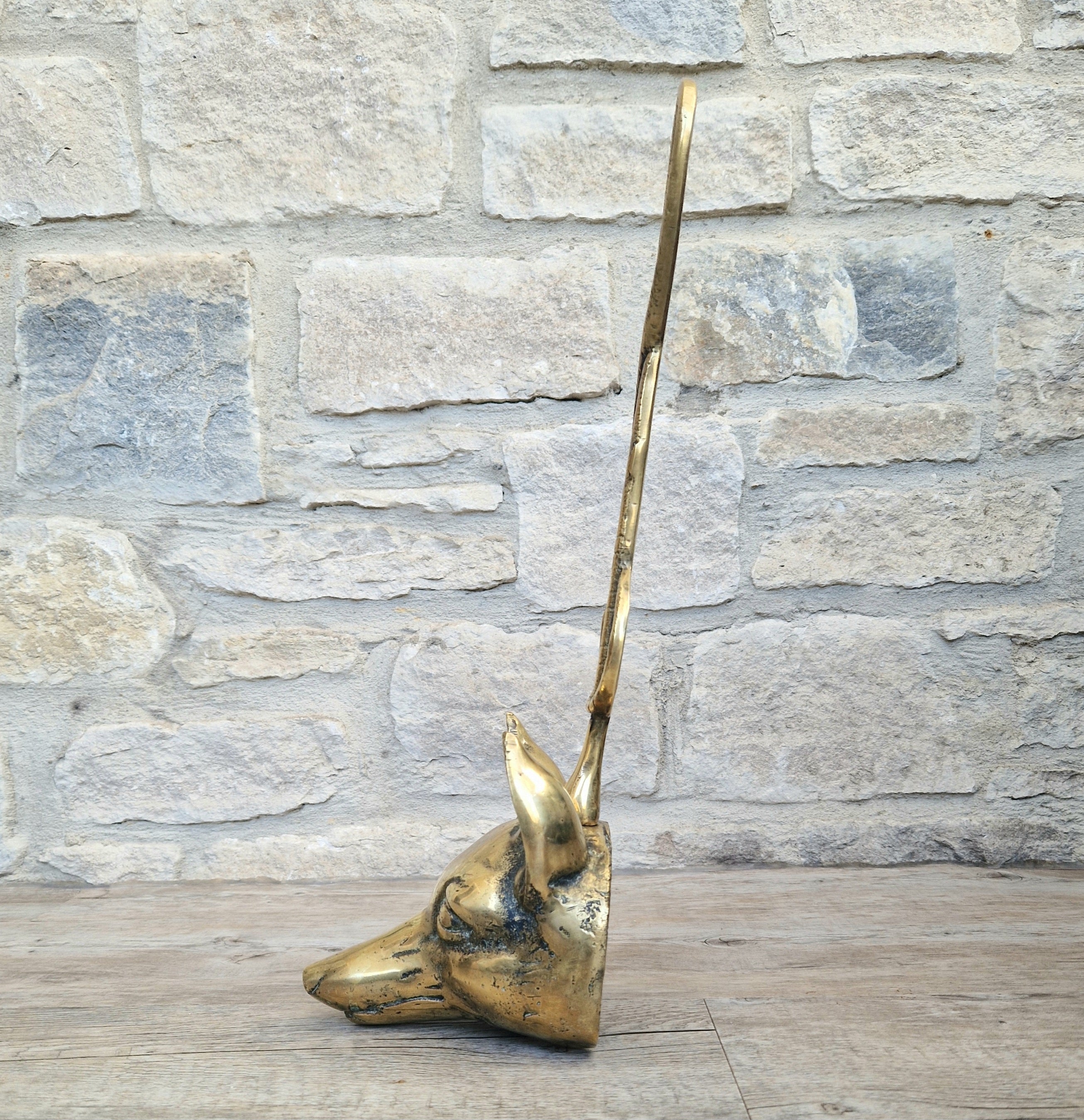 Antique Cast Brass Fox Head Door Porter Door Stop 19th C.