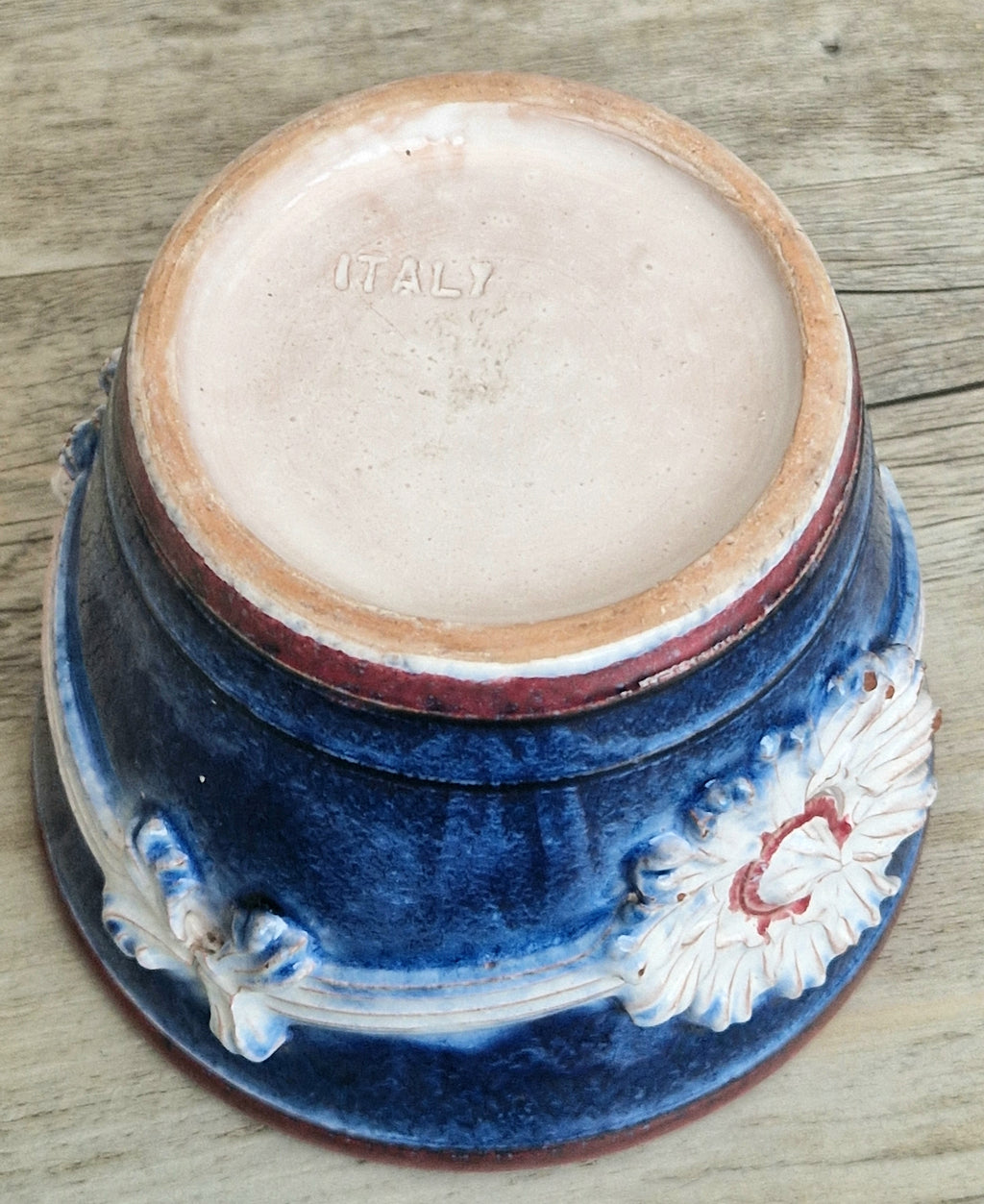 Italian Majolica Ceramic Blue & Red Floral Planter Vase Vintage