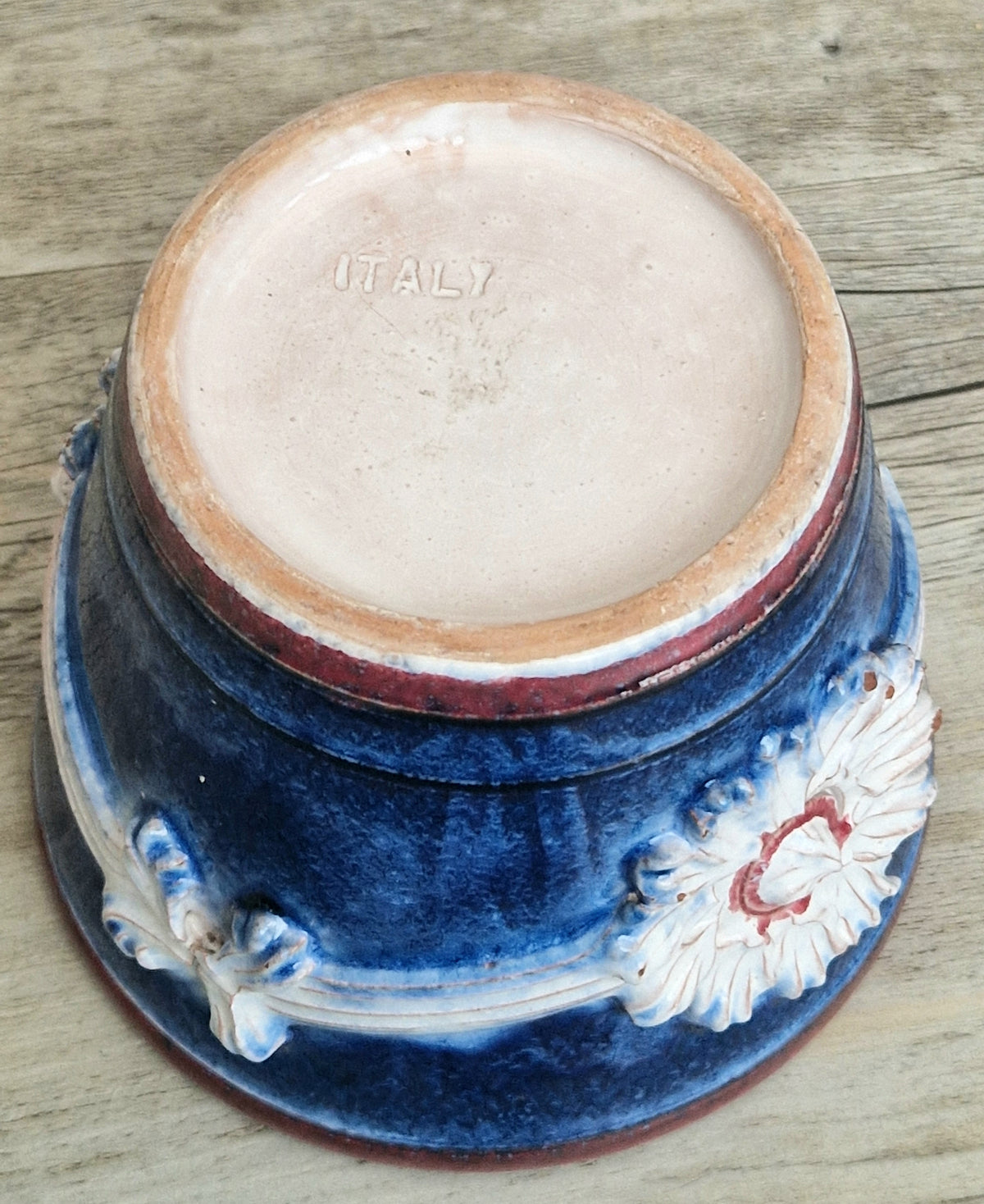 Italian Majolica Ceramic Blue & Red Floral Planter Vase Vintage