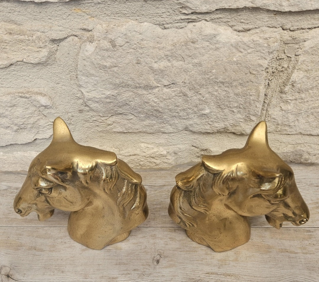 Mid Century Brass Horse Head Bookends Pair Hollywood Regency Equestrian Decor Vintage Shelf Accent