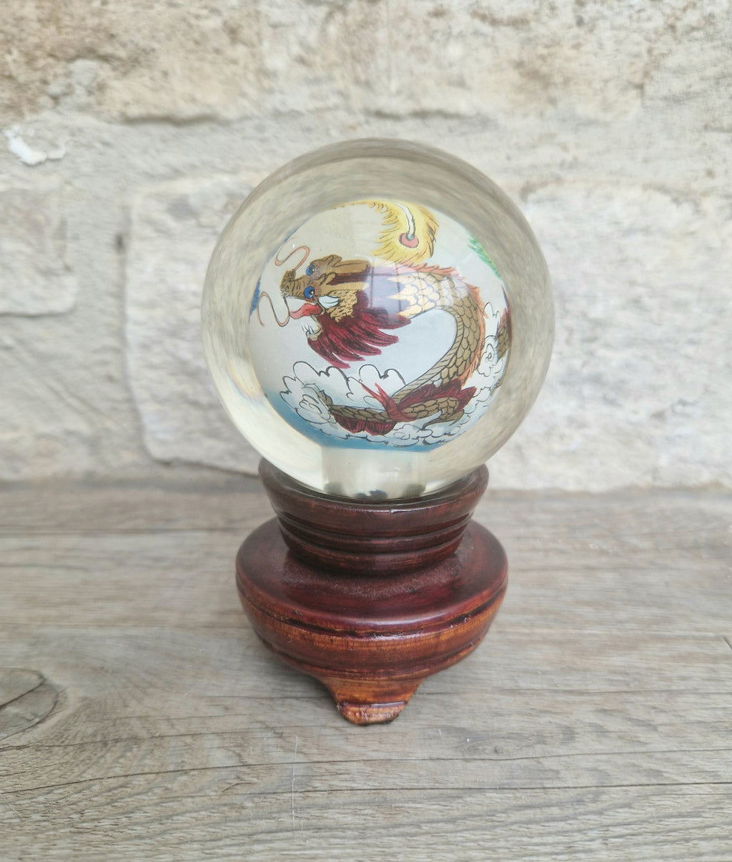 Vintage Chinese Reverse Painted Dragon & Pheonix Crystal Glass Ball Mounted Plinth