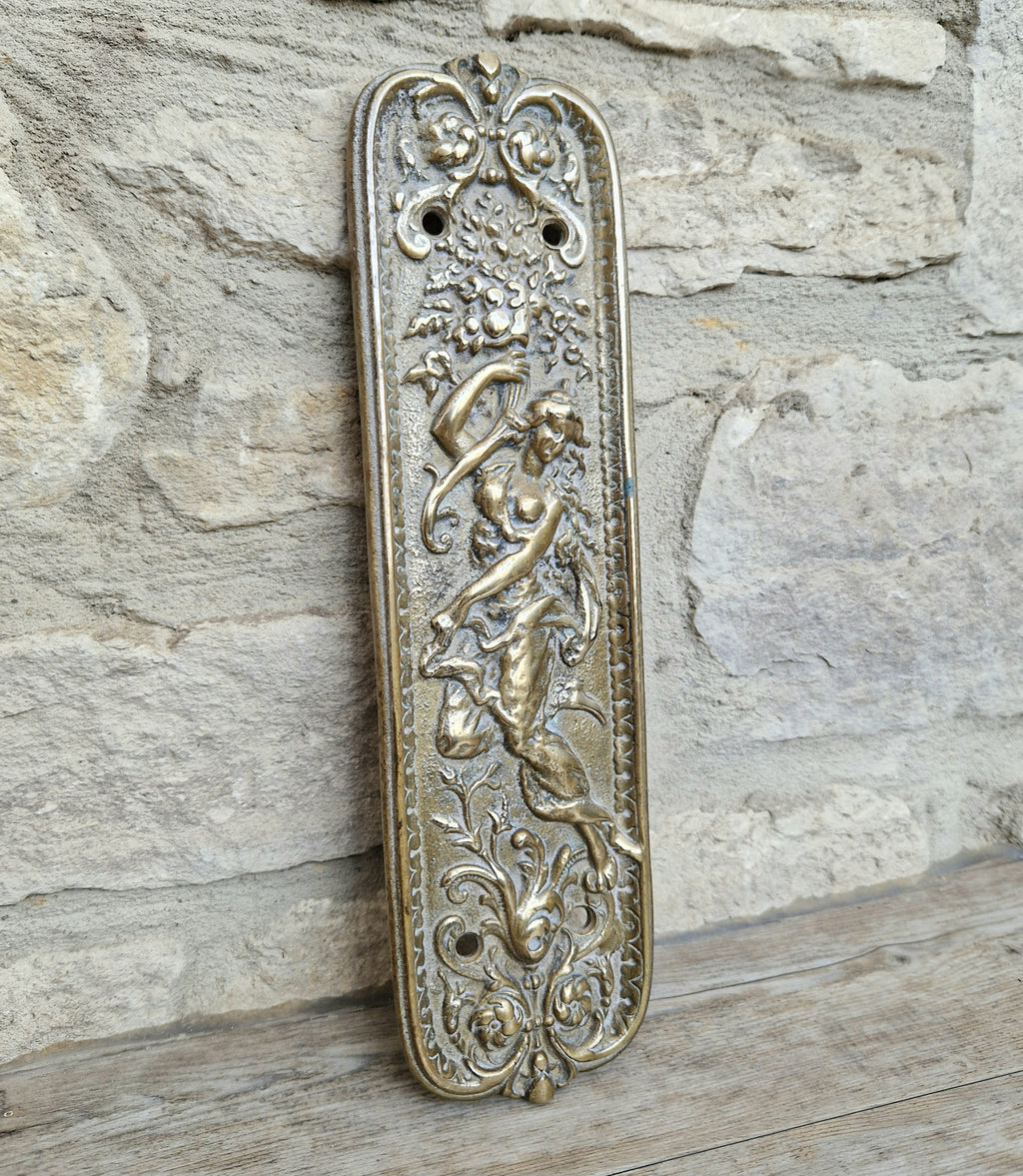 Cast Brass Art Nouveau Figural Relief Large Door Push Finger Plate Antique