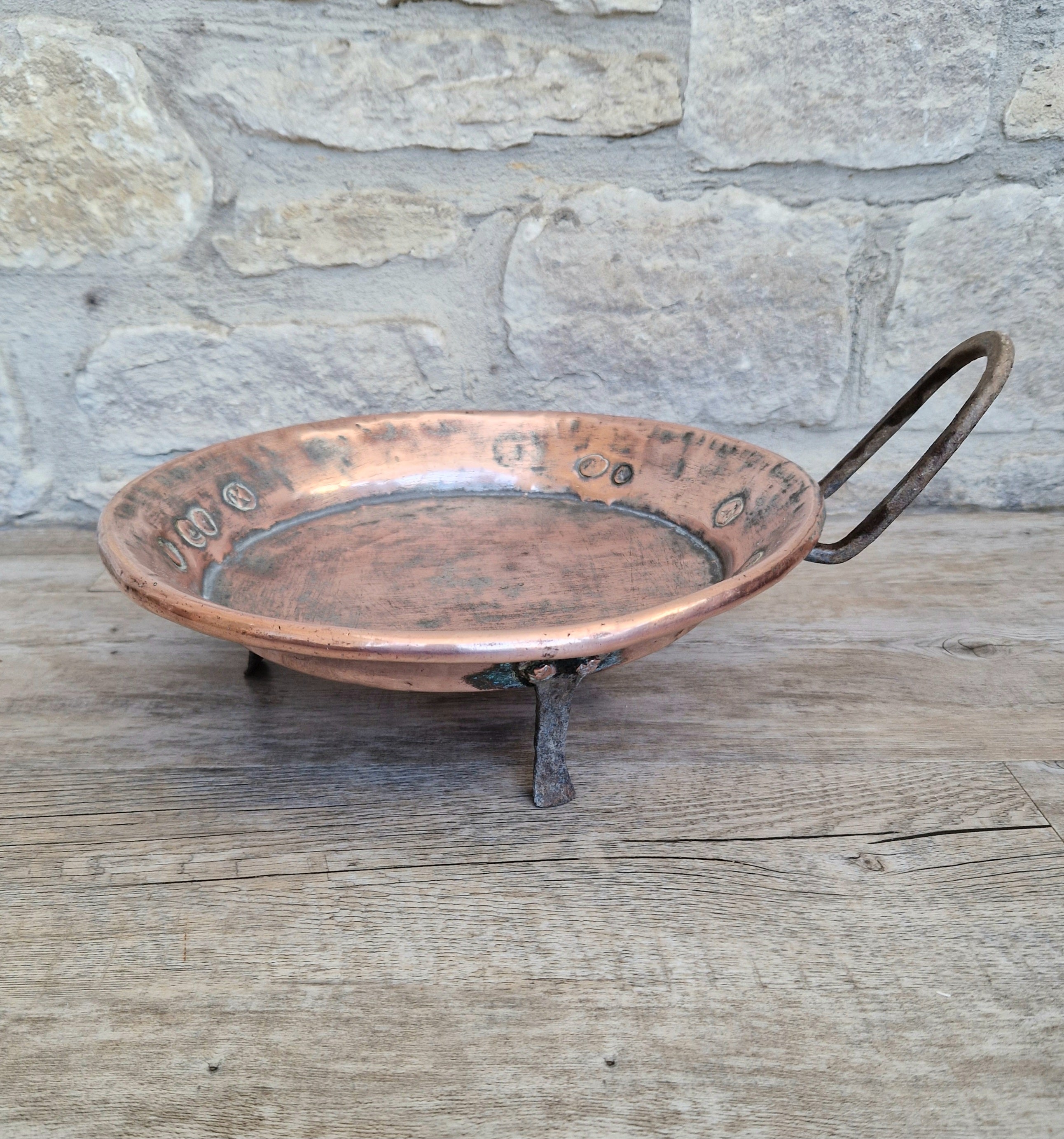 18th - 19th Century Copper & Iron Handle French Tripod Footed Tart Pan Rare Antique Kitchenalia