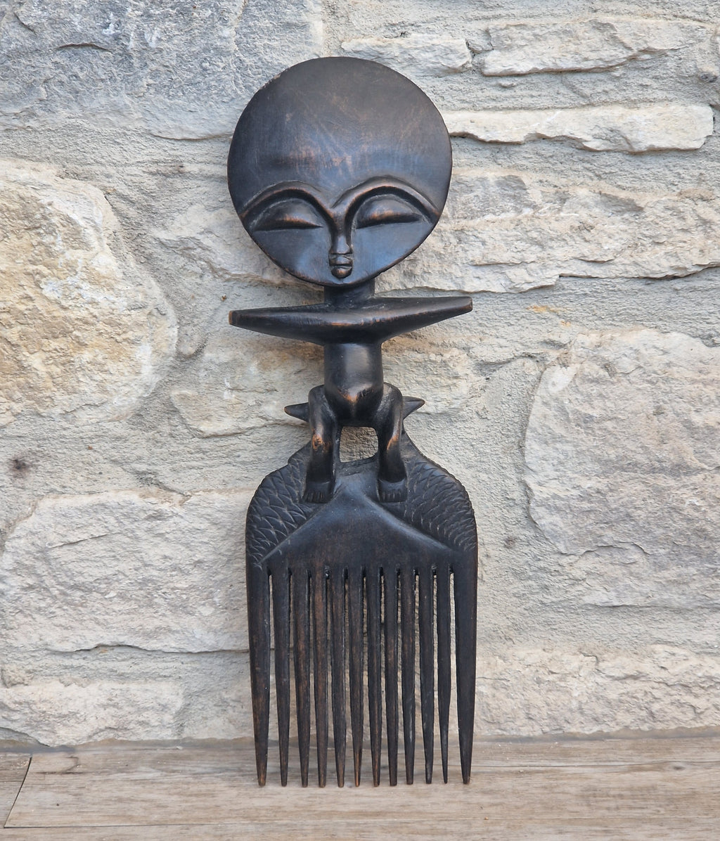Vintage 31cm Ashanti Wooden Comb Duafe Hand Carved African Tribal Art Ghana Akuaba Doll