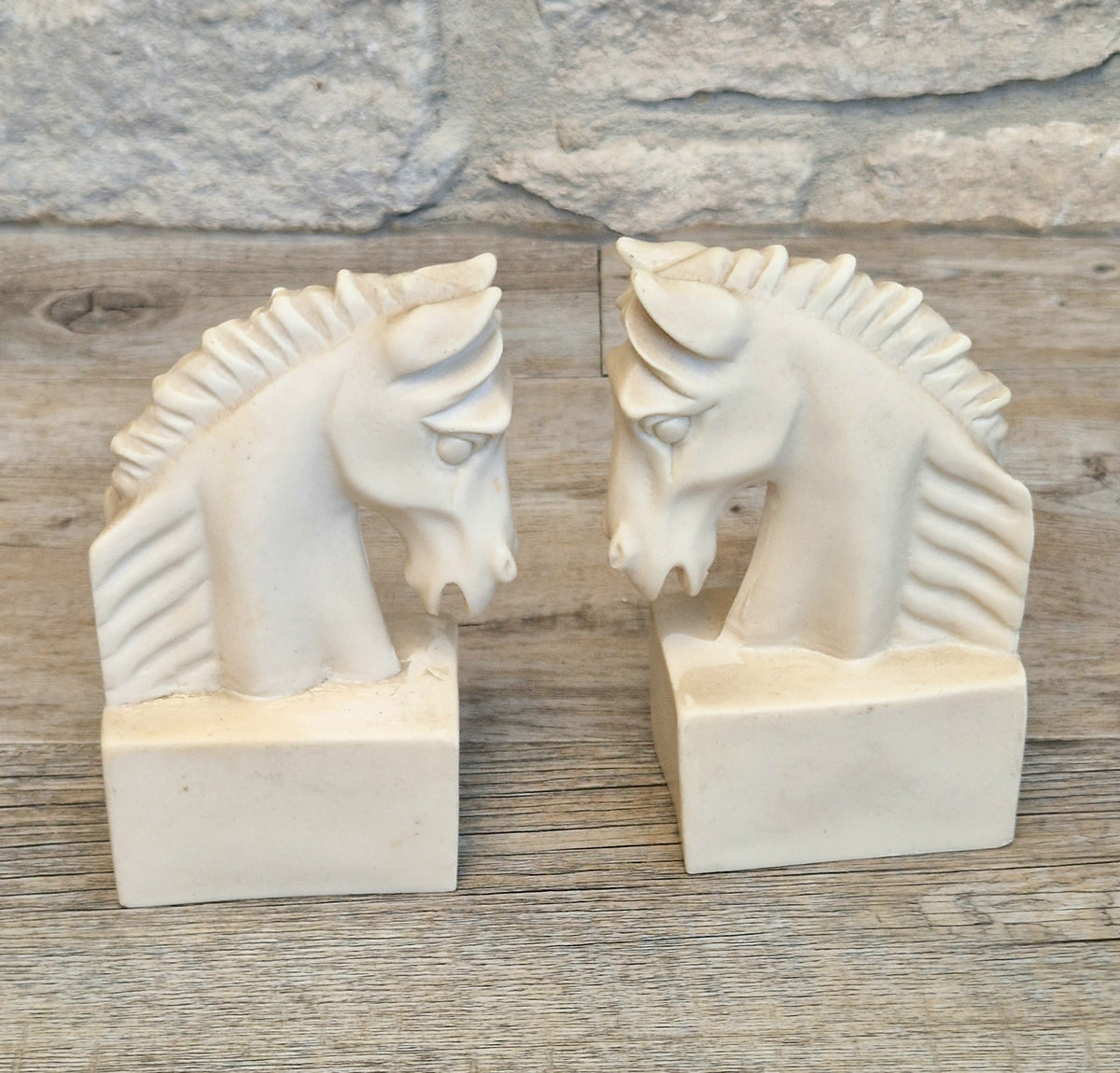 Vintage Continental White Stallion Horse Head Resin Book Ends Ornaments